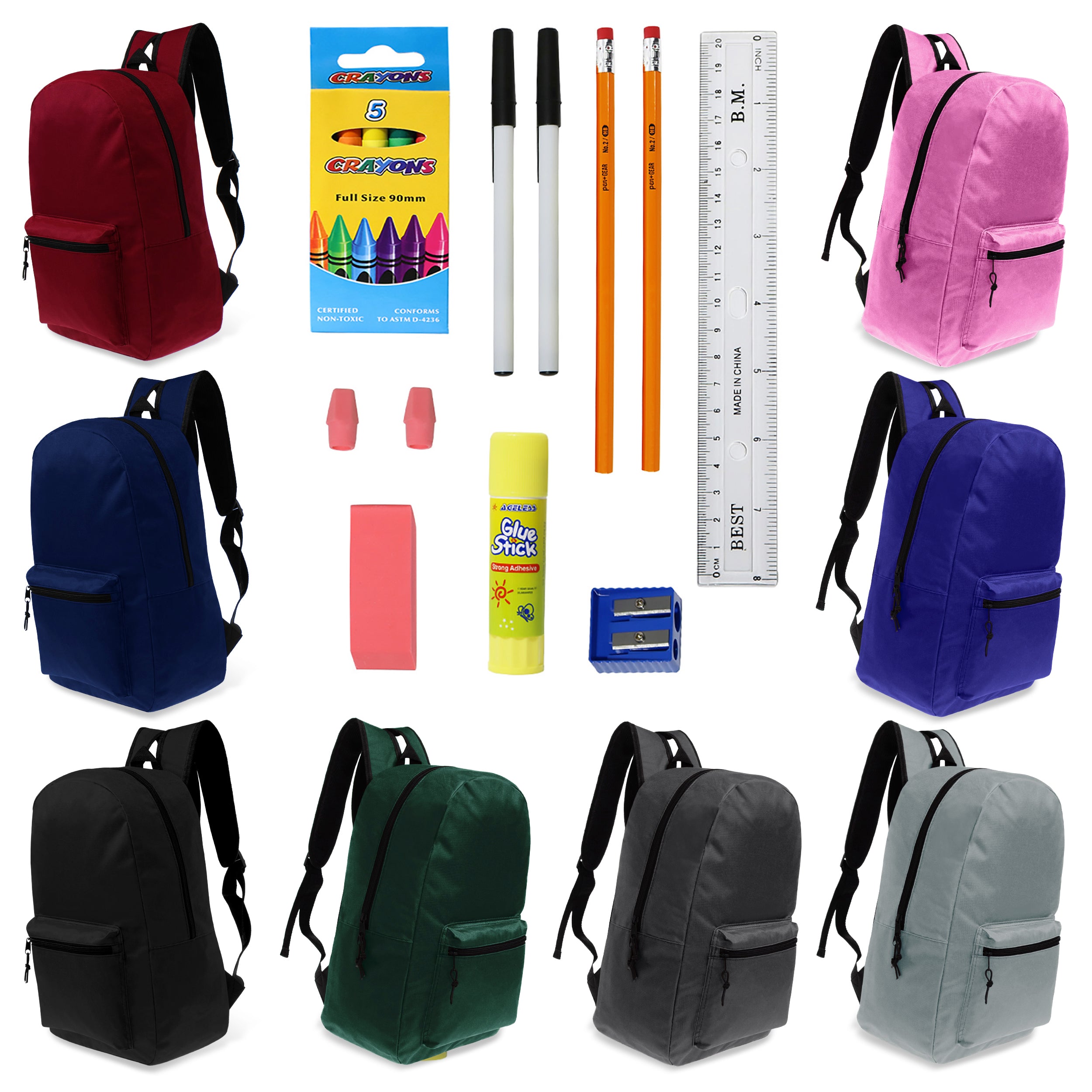 12 Basic 17 Wholesale Backpacks in 8 Assorted Colors 12 Bulk School Supply Kits of Your Choice