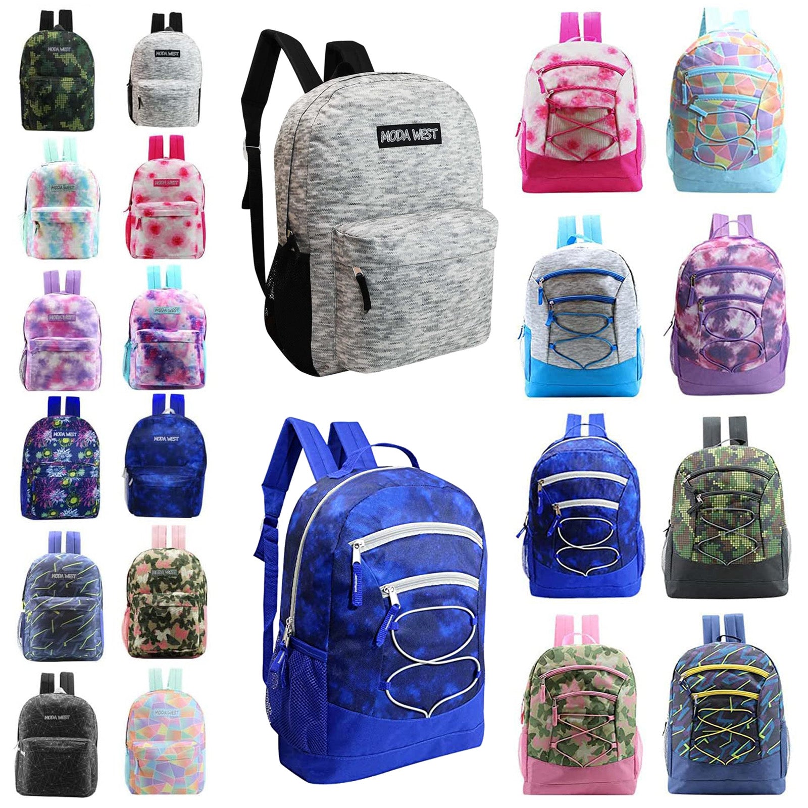 24 Pack of 17 Bungee Wholesale Backpack in Assorted Prints Bulk Cas