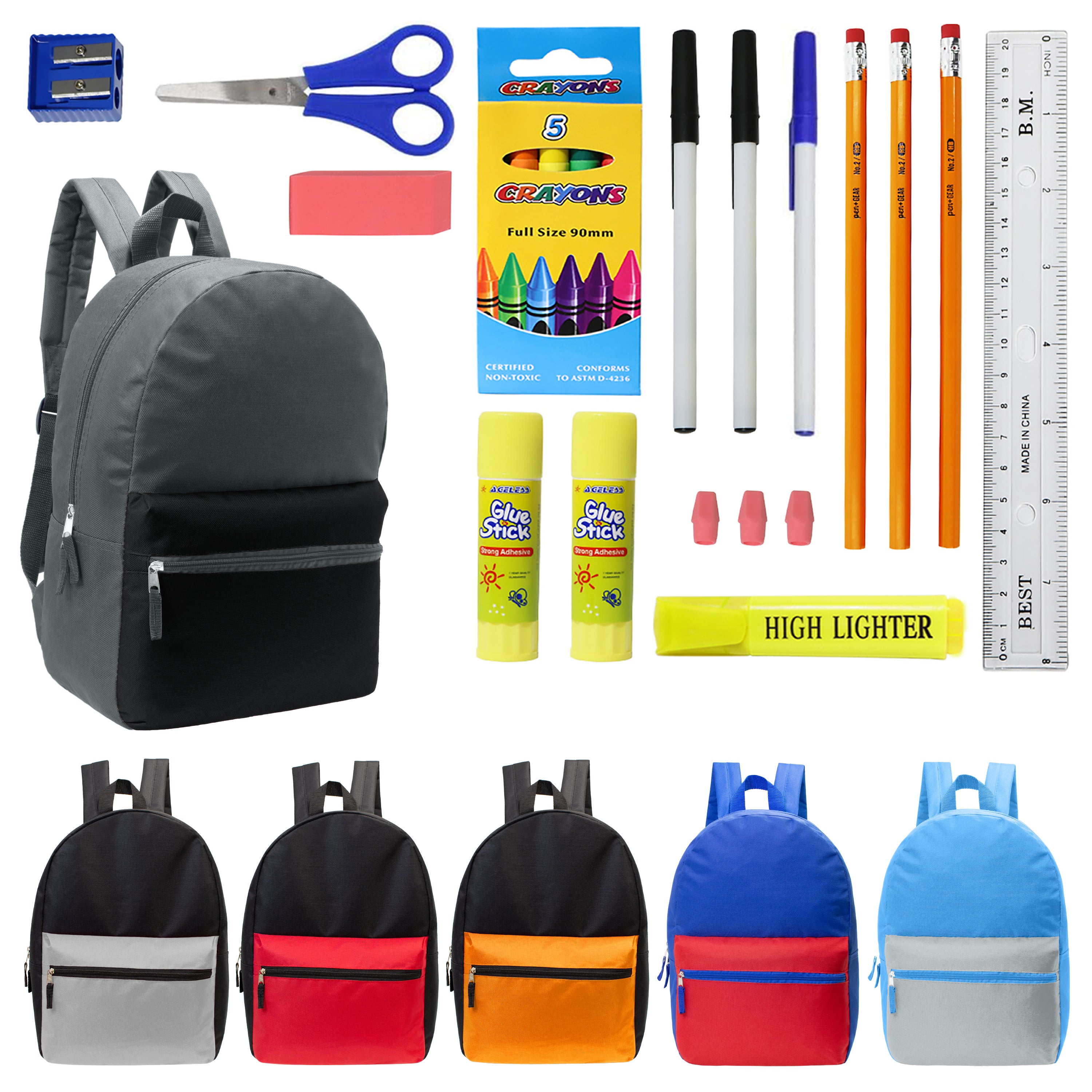 12 Multi Color 17 Wholesale Backpacks 12 Bulk School Supply Kits