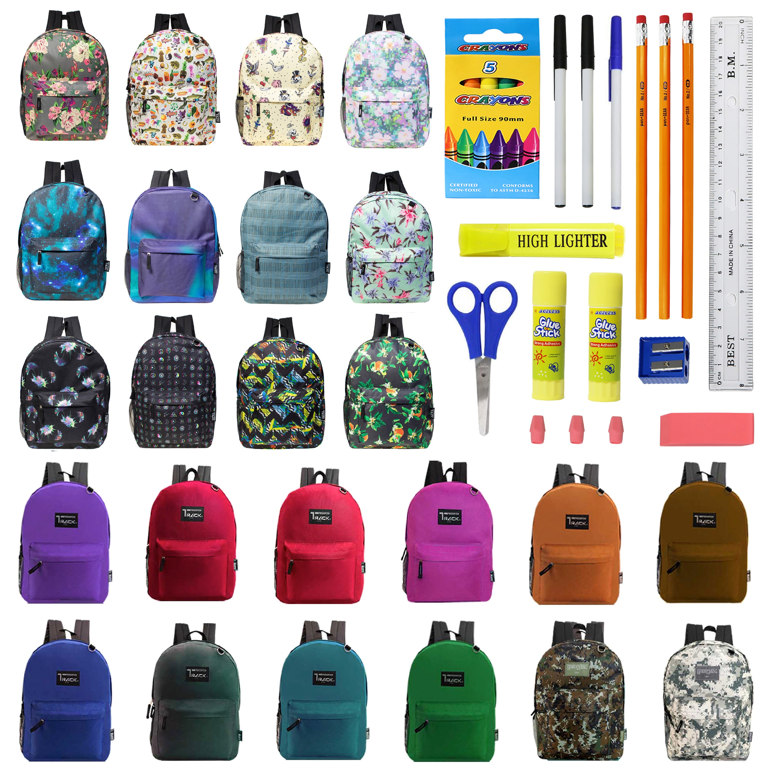 12 Track Brand 17" Wholesale Backpacks in Assorted Colors & Prints and 12 Bulk School Supply Kits of Your Choice