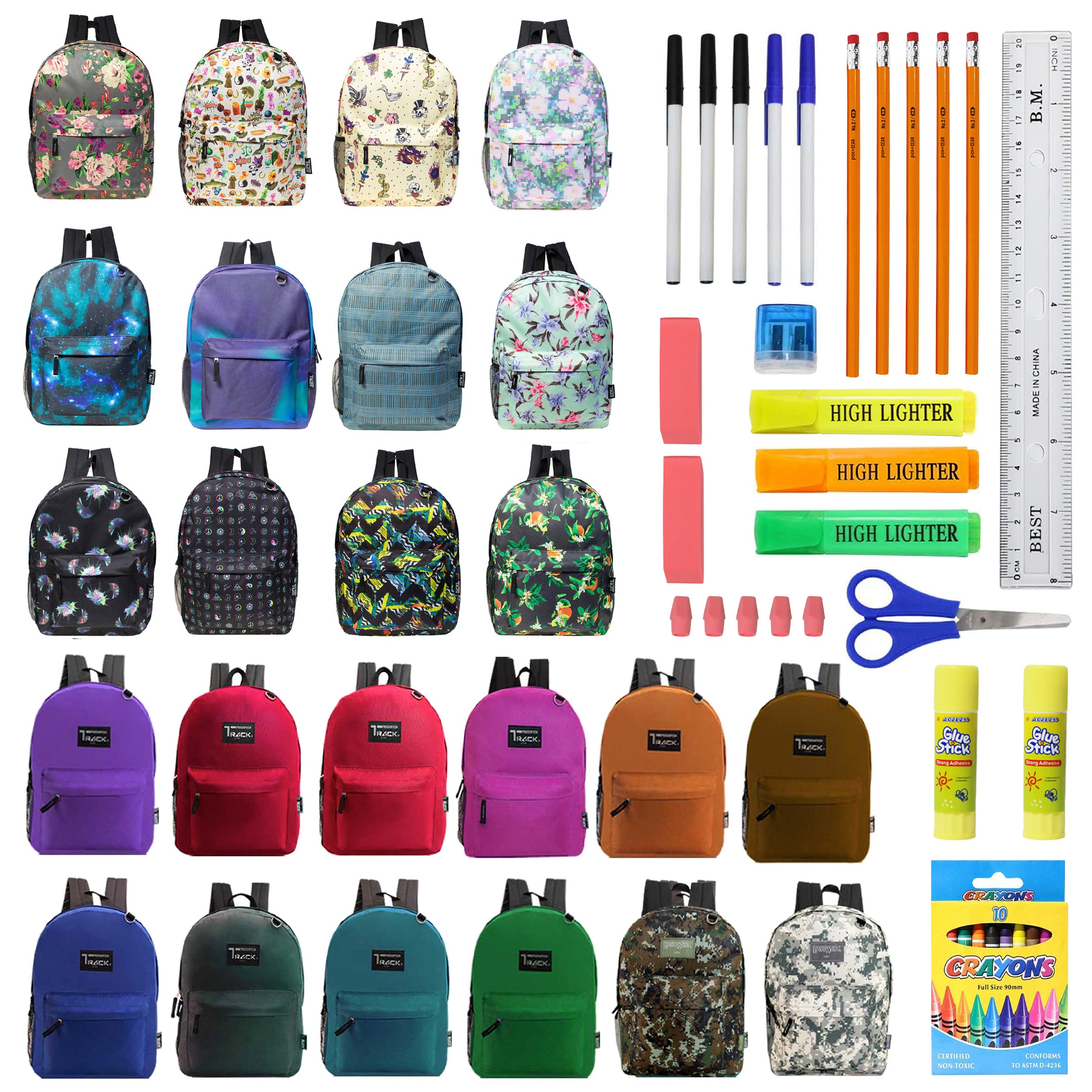 12 Track Brand 17" Wholesale Backpacks in Assorted Colors & Prints and 12 Bulk School Supply Kits of Your Choice