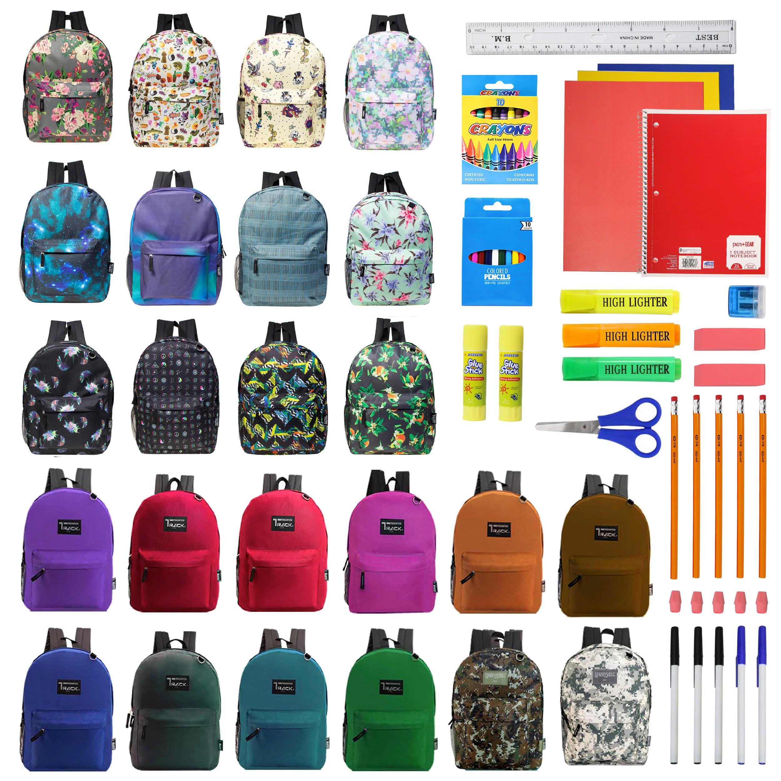 12 Track Brand 17" Wholesale Backpacks in Assorted Colors & Prints and 12 Bulk School Supply Kits of Your Choice