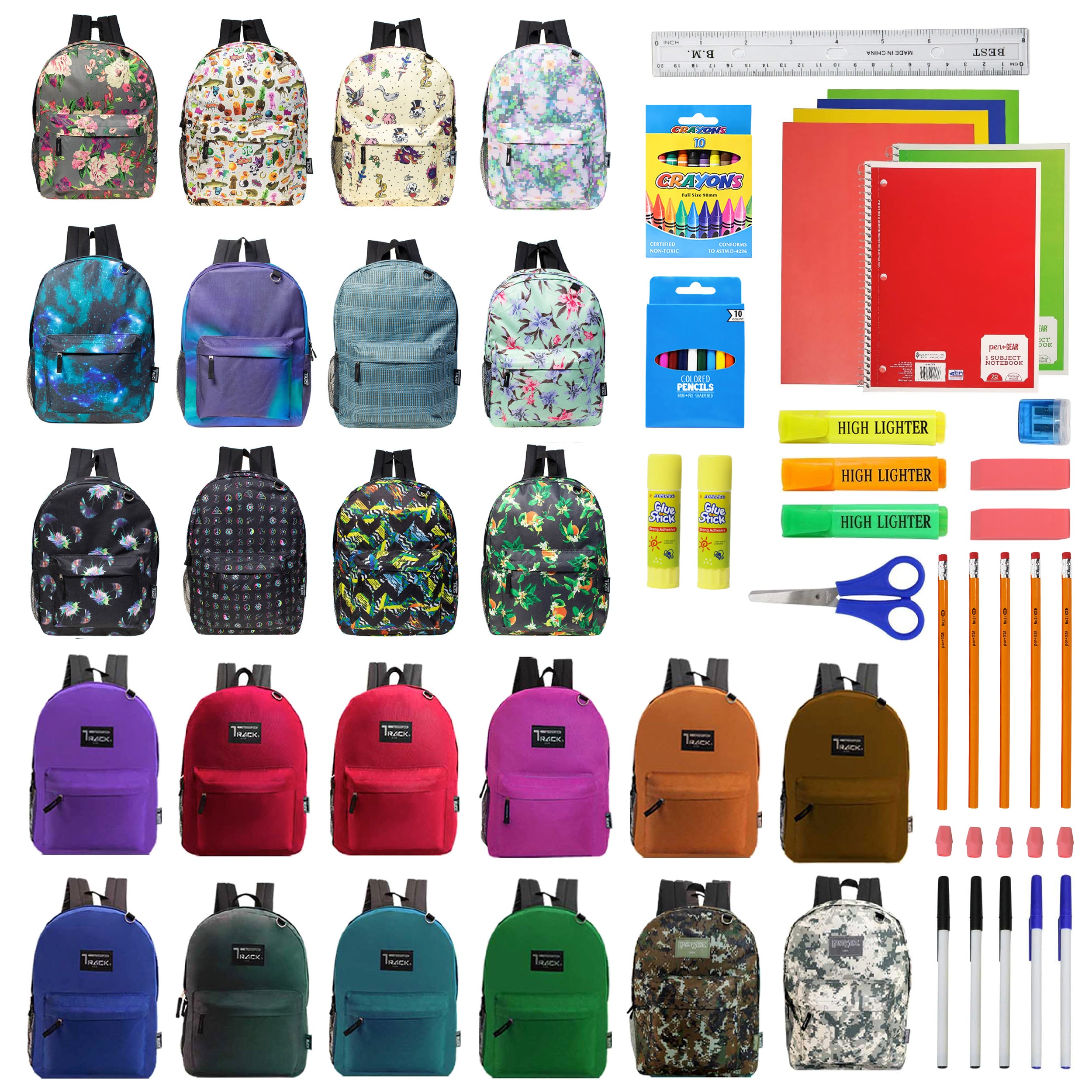 12 Track Brand 17" Wholesale Backpacks in Assorted Colors & Prints and 12 Bulk School Supply Kits of Your Choice