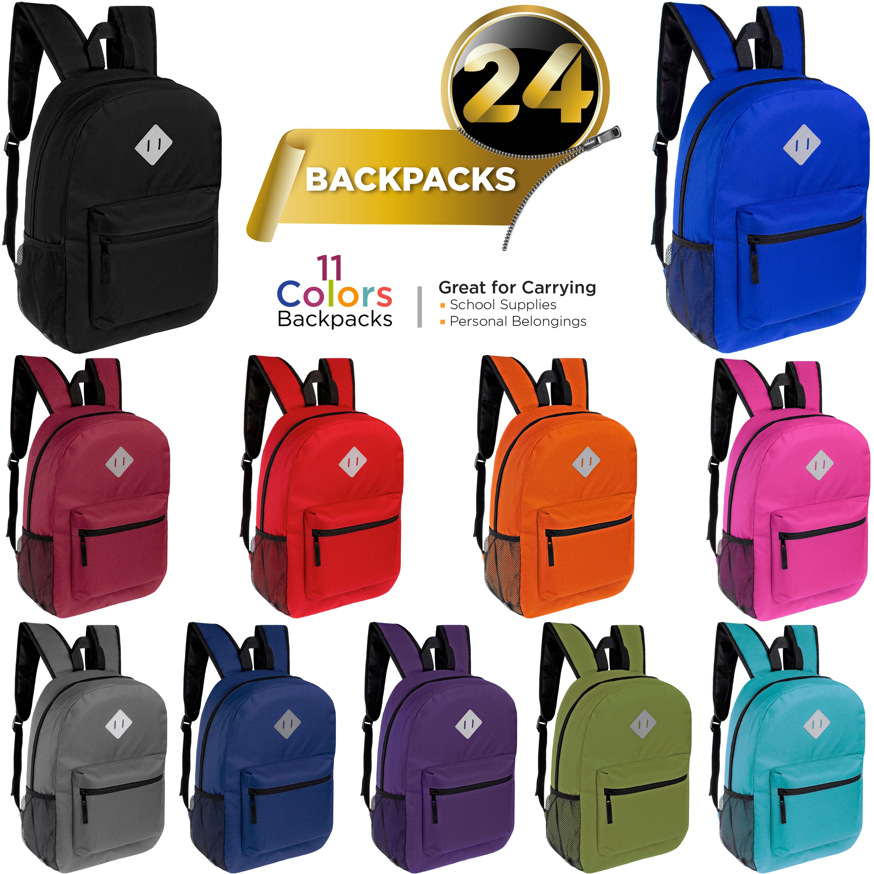 17" Wholesale Diamond Patch Backpack in 11 Assorted Colors - Bulk Case of 24 Bookbags