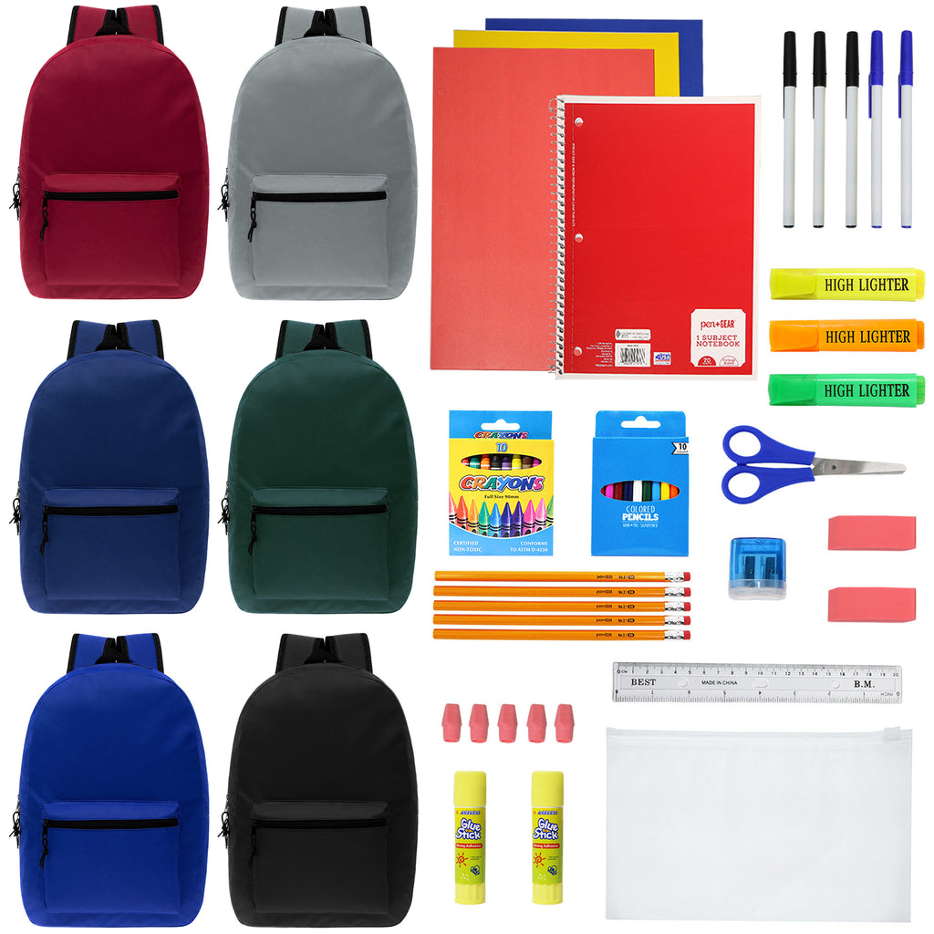 15 SOLID COLOR BACKPACKS W/ELEMENTARY SUPPLY KITS ITEM NUMBER