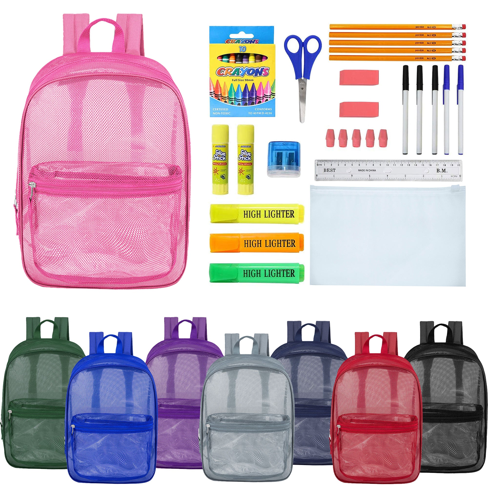 12 Wholesale 17" Mesh Backpacks in Assorted Colors & 12 Bulk School Supply Kits of Your Choice