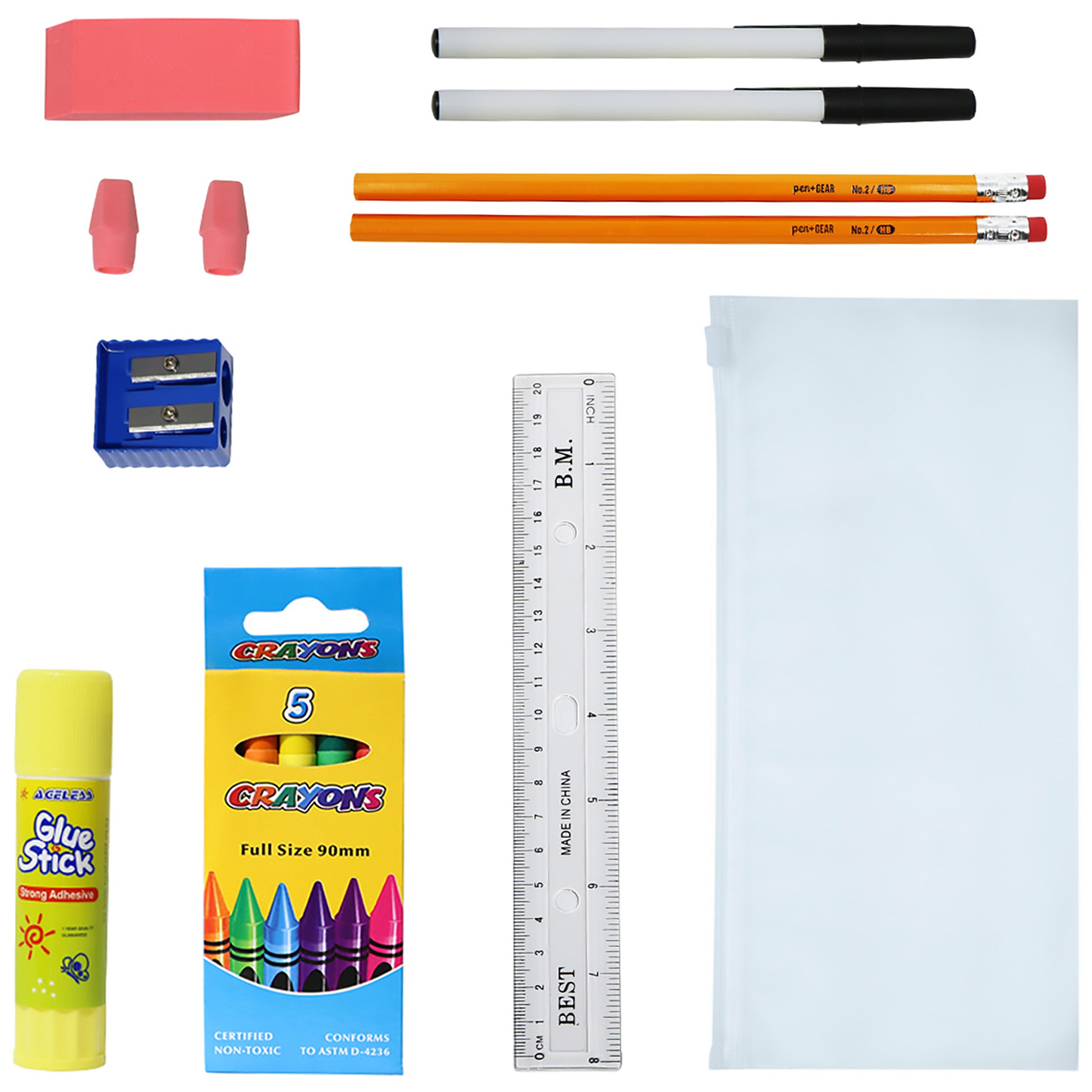 12 Wholesale Blank 18.5" Backpacks in 12 Assorted Colors and 12 Bulk School Supply Kits of Your Choice