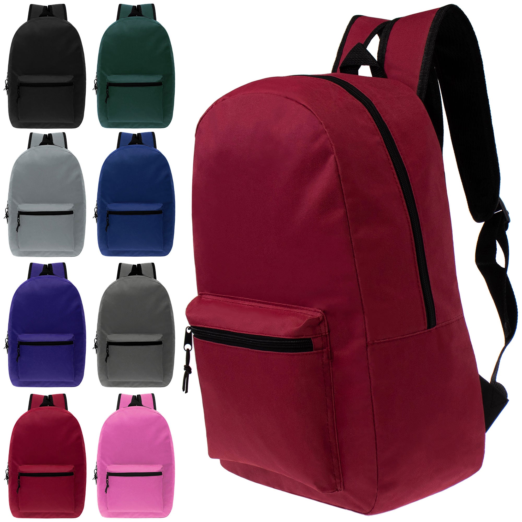 12 Basic 17" Wholesale Backpacks in 8 Assorted Colors & 12 Bulk School Supply Kits of Your Choice