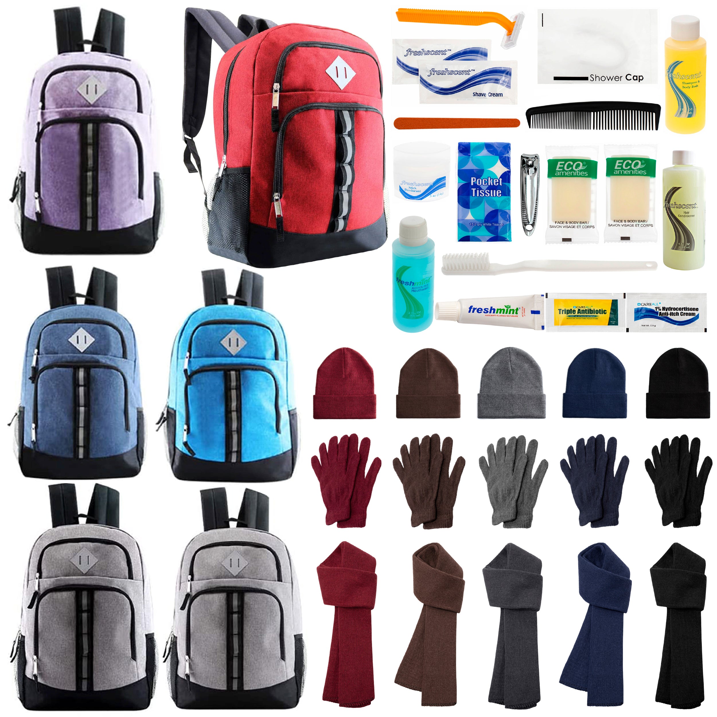 12 Deluxe 18" Backpacks in 6 Colors, 12 Winter Item Sets & Your Choice of 12 Bulk Hygiene Kits - Wholesale Homeless Care Package