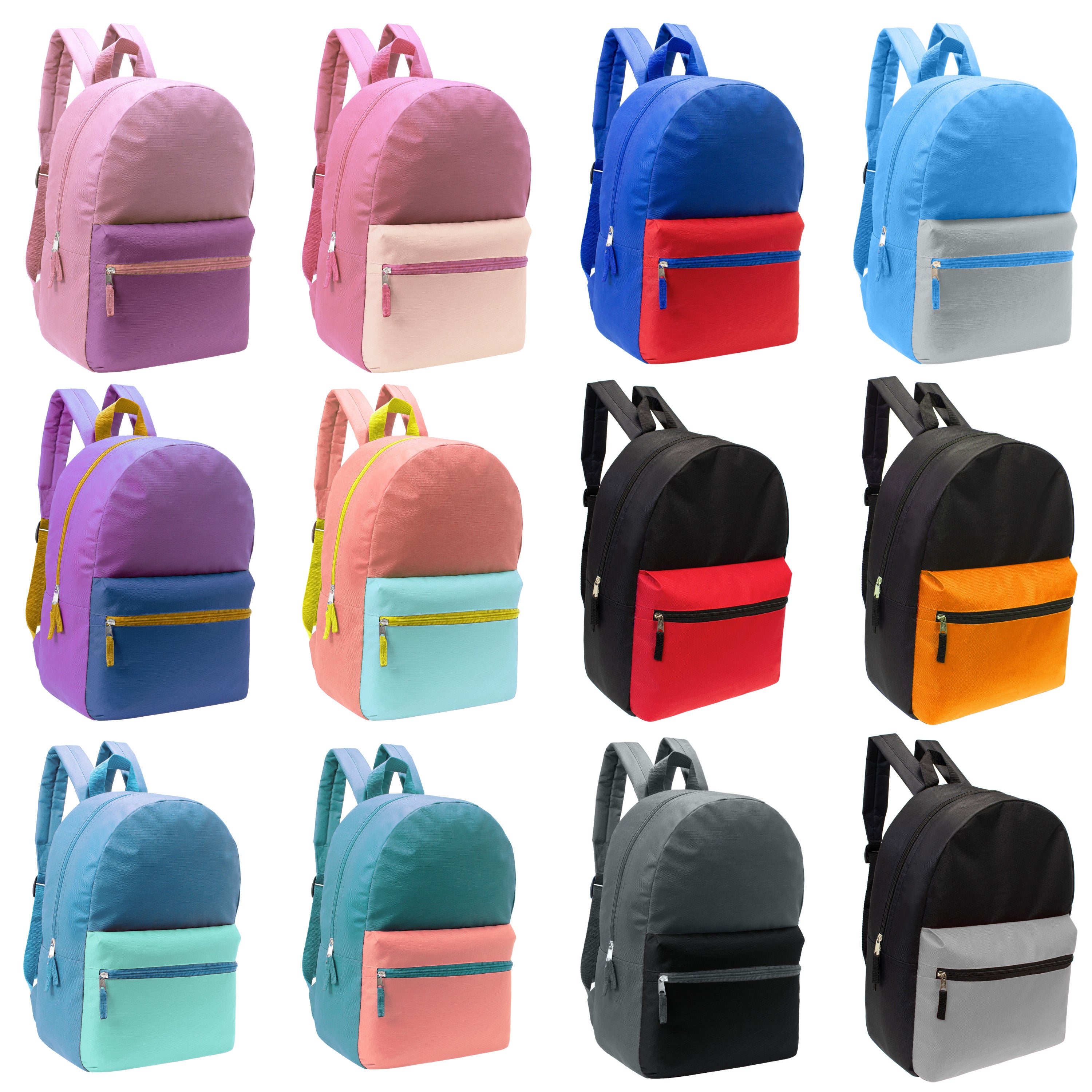 12 Wholesale 17" Two Tone Backpacks in 12 Assorted Colors & 12 Bulk School Supply Kits of Your Choice