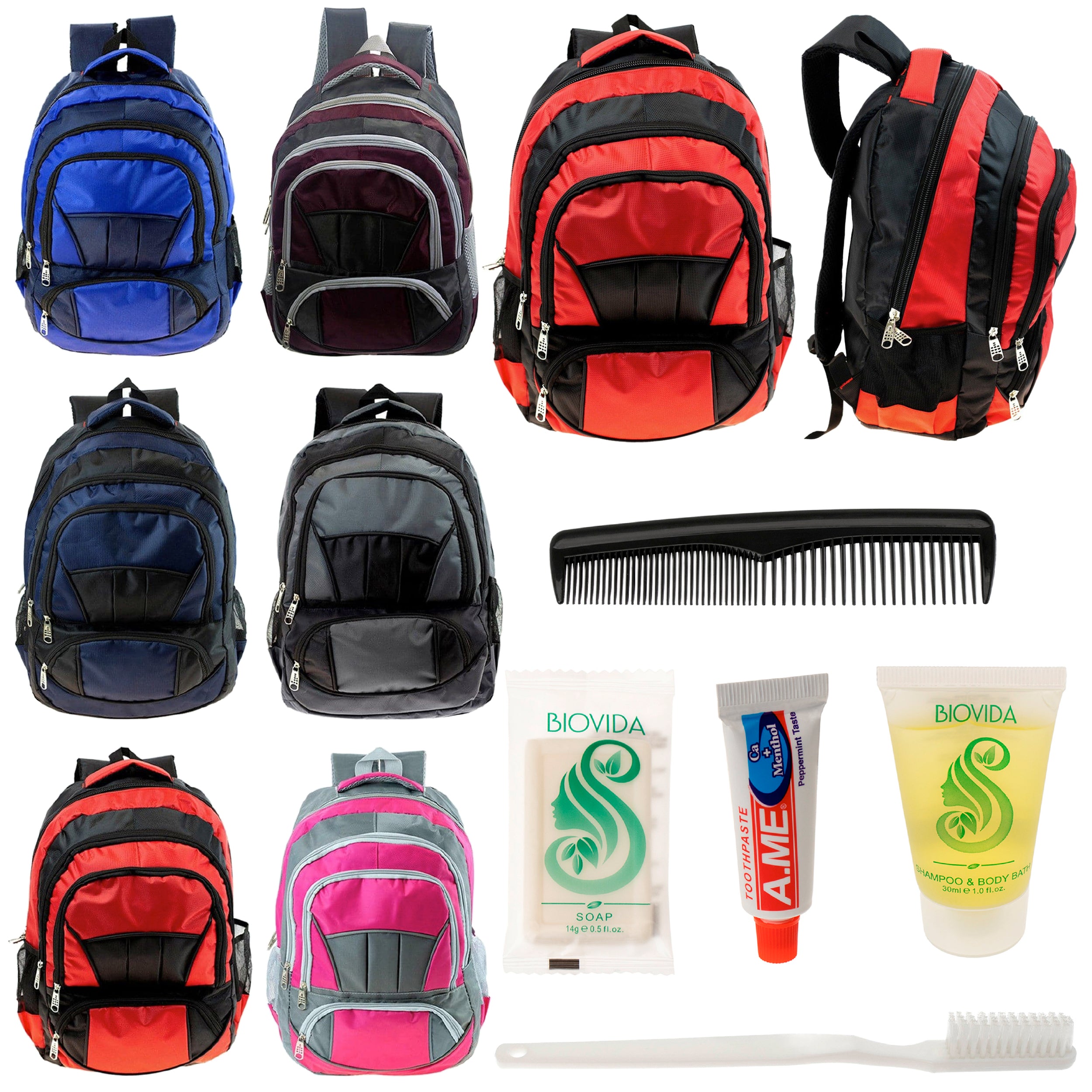 12 Premium 16" Fully Padded Backpacks & Your Choice of 12 Bulk Hygiene Kits - Wholesale Care Package: Homeless, Emergency, Charity