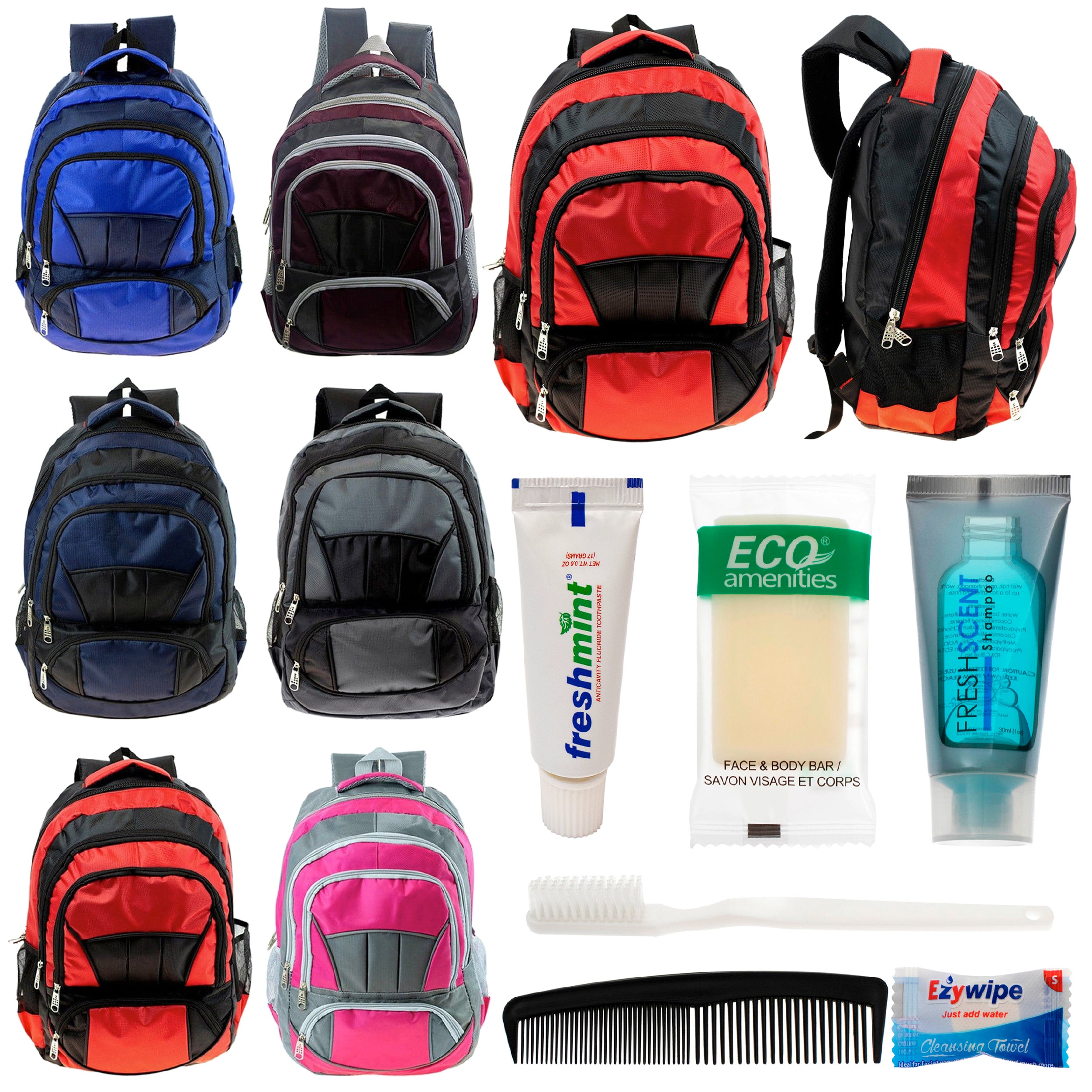 12 Premium 16" Fully Padded Backpacks & Your Choice of 12 Bulk Hygiene Kits - Wholesale Care Package: Homeless, Emergency, Charity