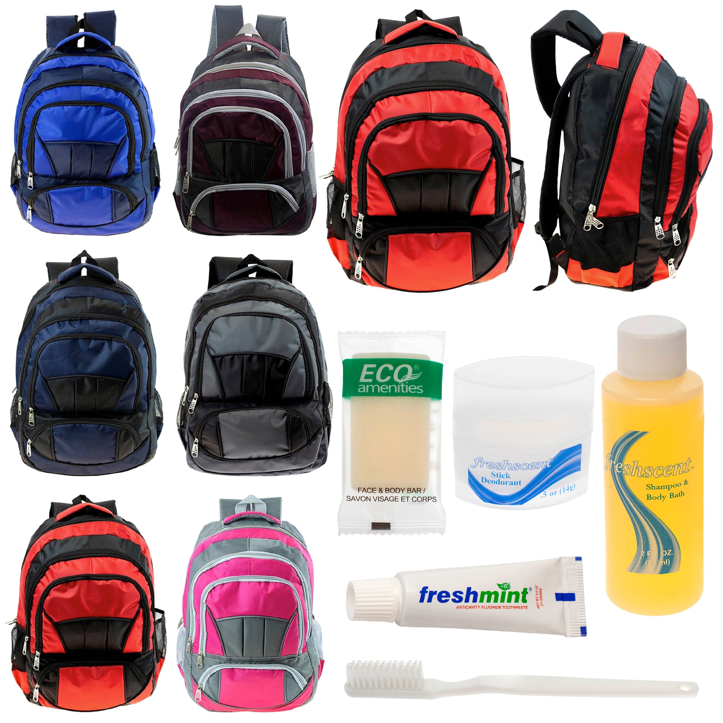 12 Premium 16" Fully Padded Backpacks & Your Choice of 12 Bulk Hygiene Kits - Wholesale Care Package: Homeless, Emergency, Charity