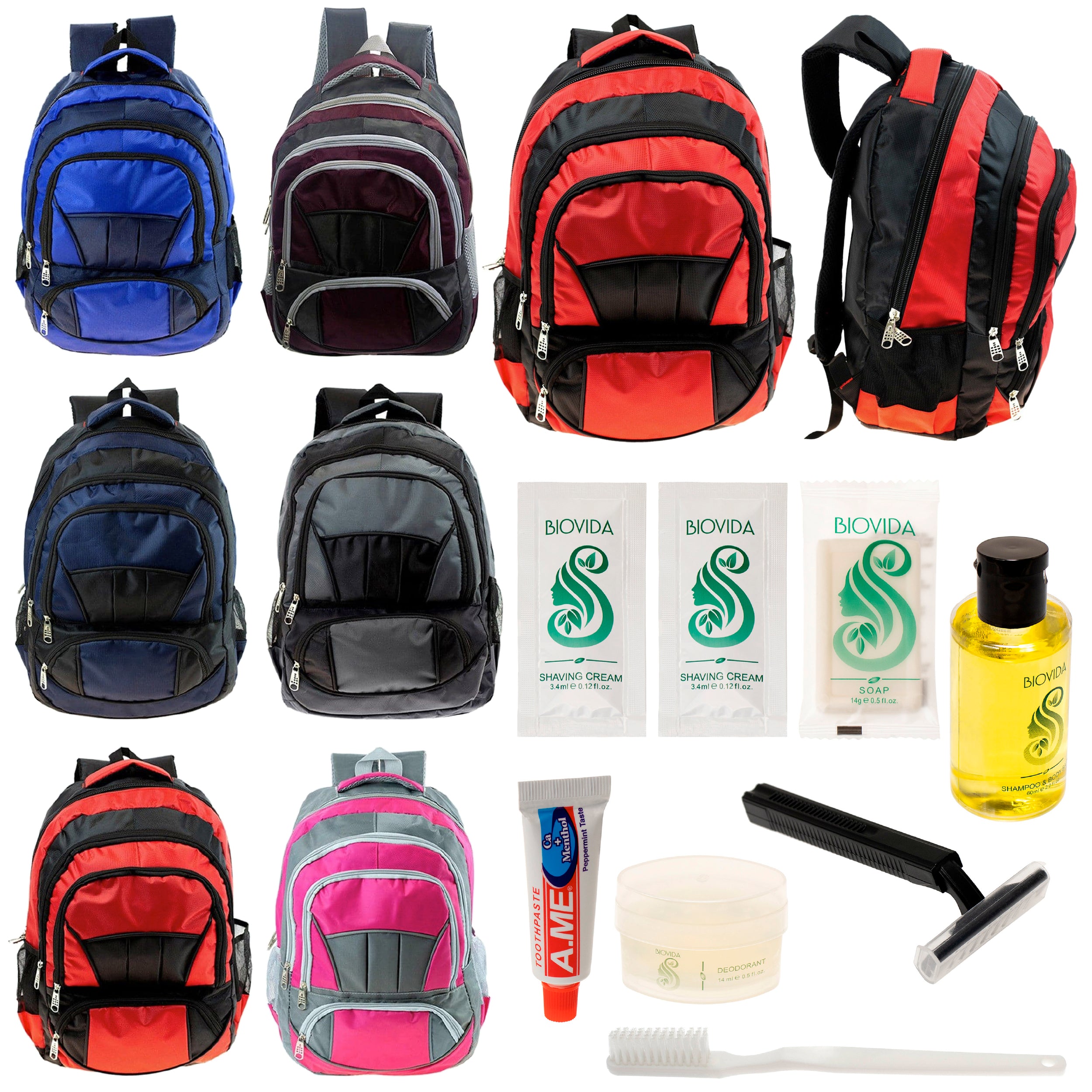 12 Premium 16" Fully Padded Backpacks & Your Choice of 12 Bulk Hygiene Kits - Wholesale Care Package: Homeless, Emergency, Charity