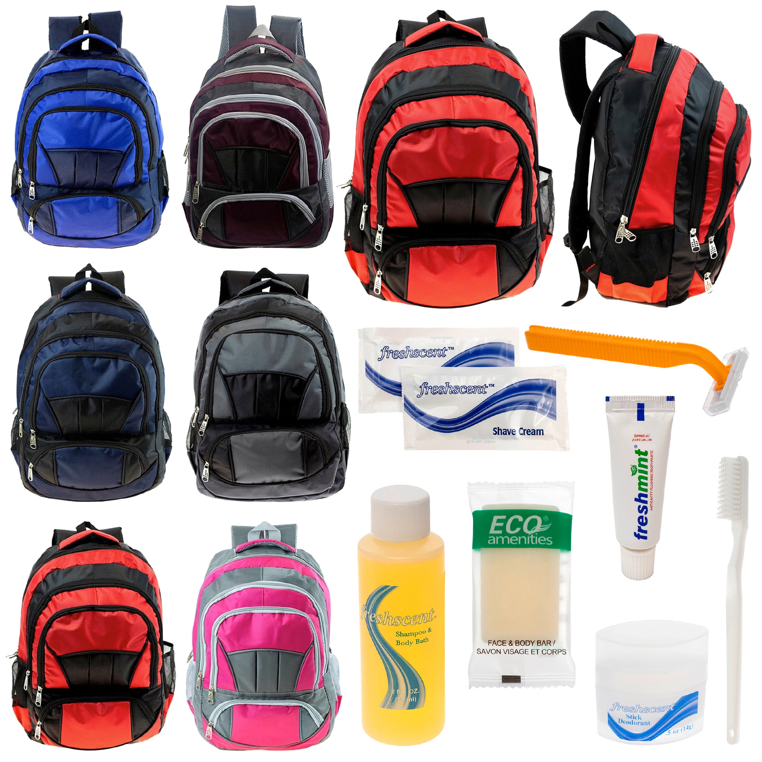 12 Premium 16" Fully Padded Backpacks & Your Choice of 12 Bulk Hygiene Kits - Wholesale Care Package: Homeless, Emergency, Charity