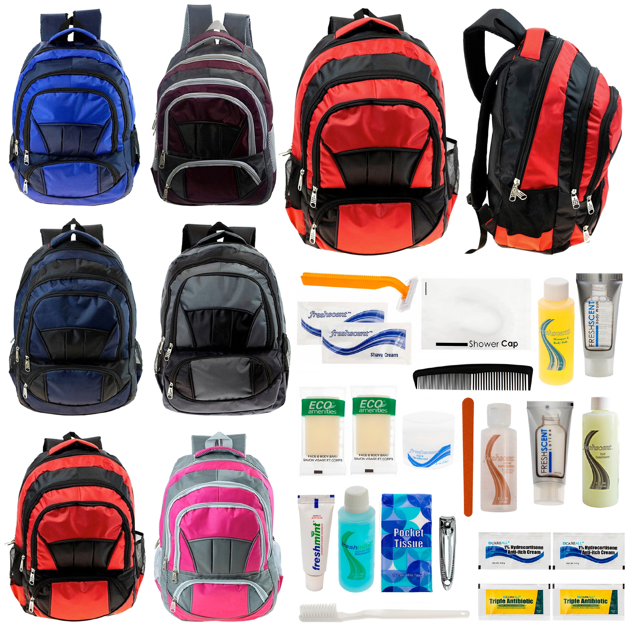 12 Premium 16" Fully Padded Backpacks & Your Choice of 12 Bulk Hygiene Kits - Wholesale Care Package: Homeless, Emergency, Charity