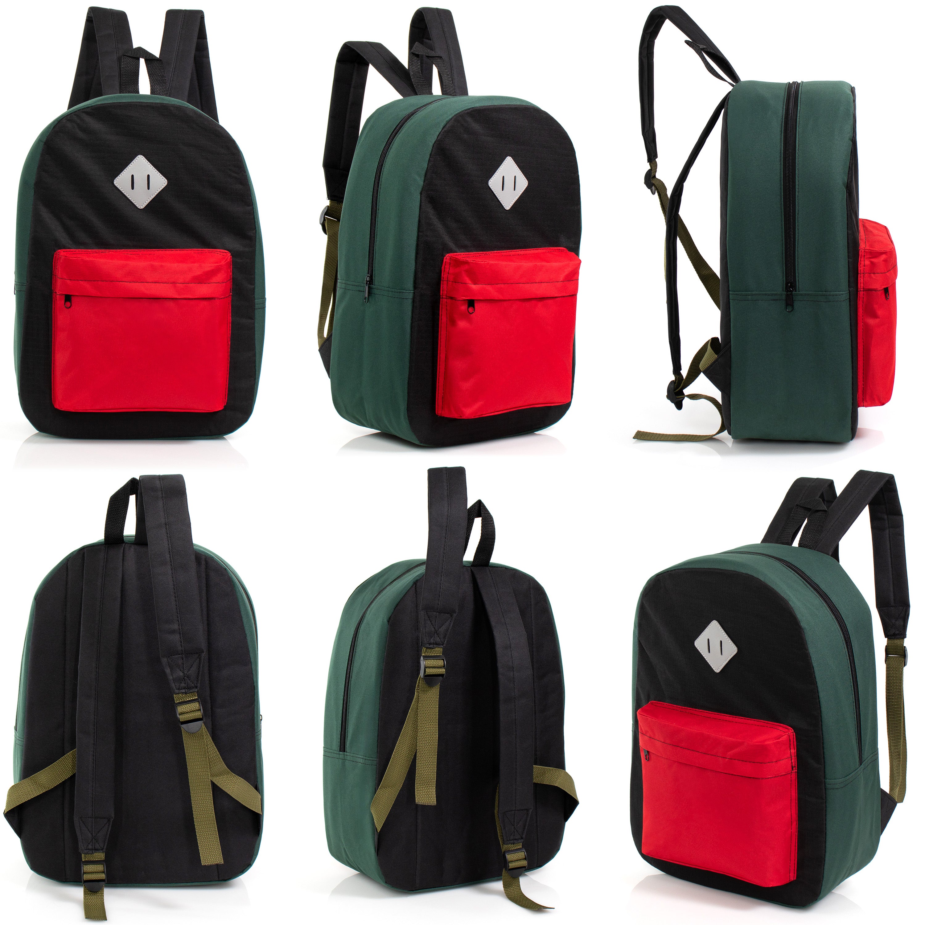 17" Kids Wholesale Backpacks in 8 Colors with a Padded Back and a Diamond Patch - Bulk Pack of 24