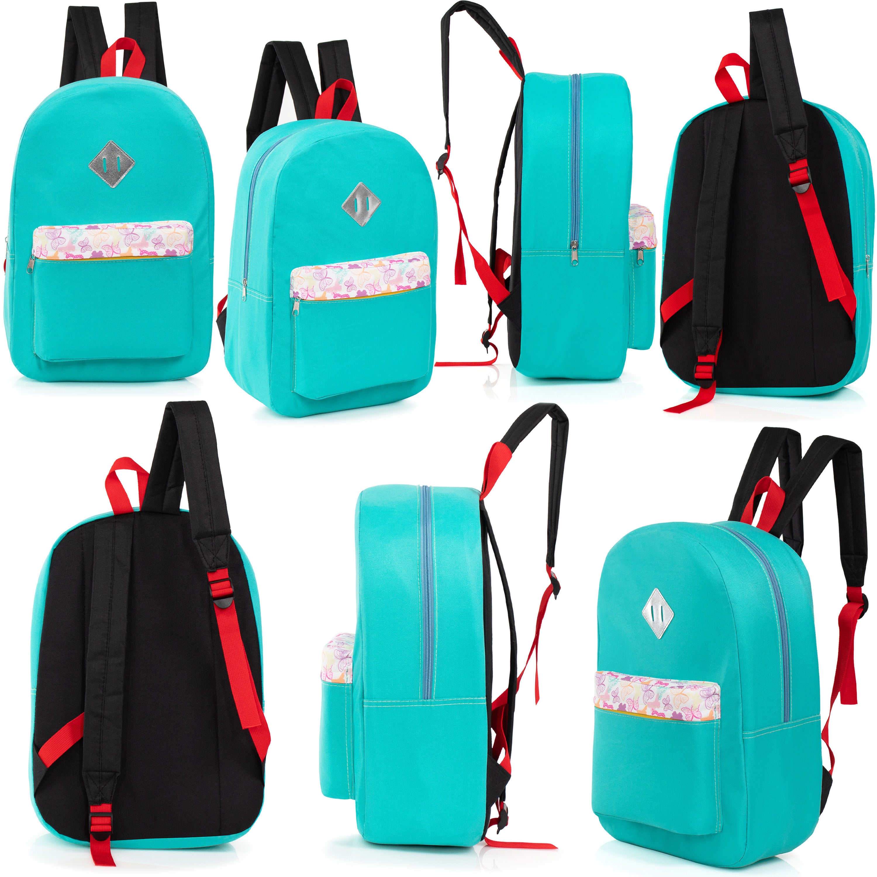 17" Multi Color Basic Wholesale Backpacks with a Diamond Patch & Padded Back - Bulk Case of 24