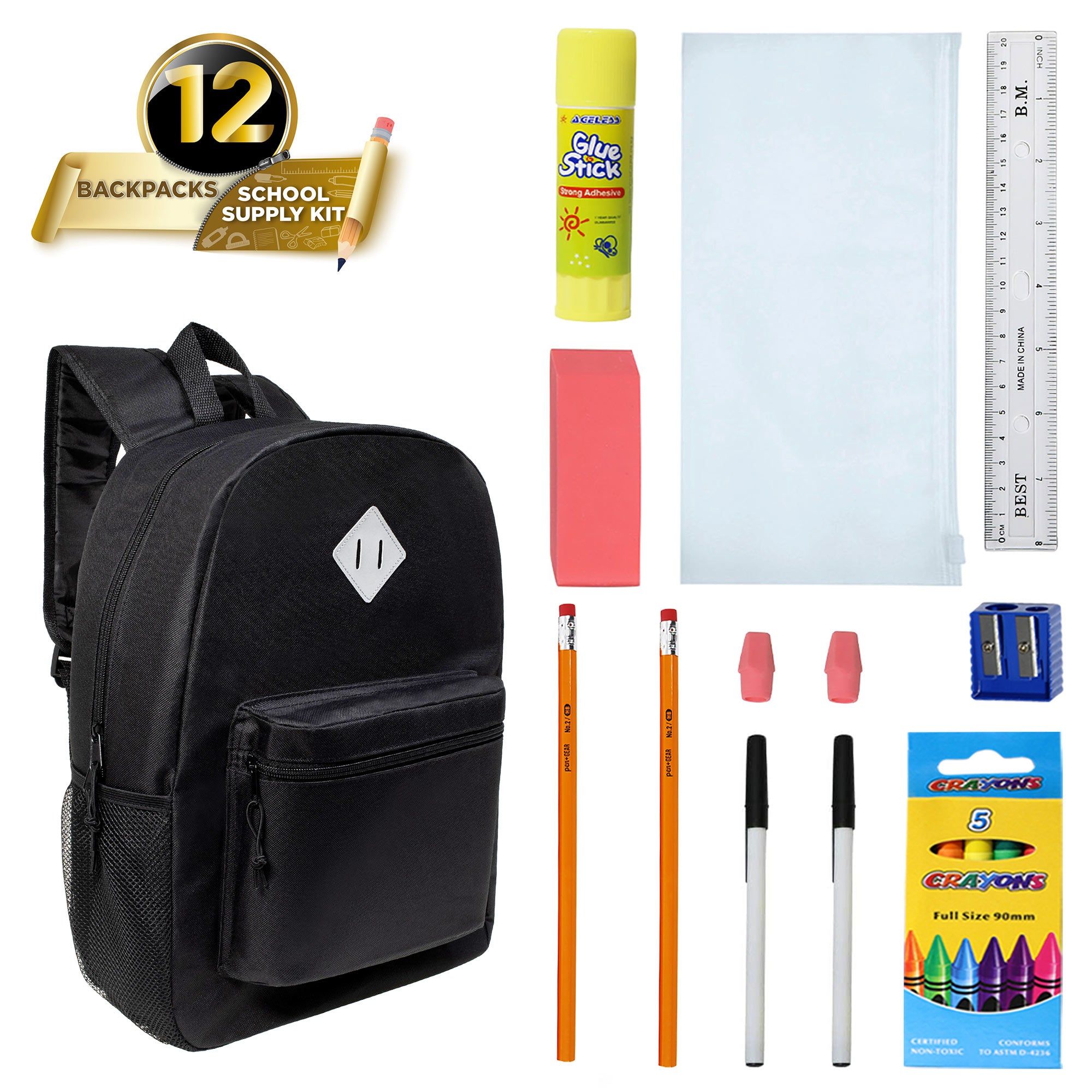 12 Black 17" Backpacks with a Diamond Patch & Side Pocket & 12 Bulk School Supply Kits of Your Choice