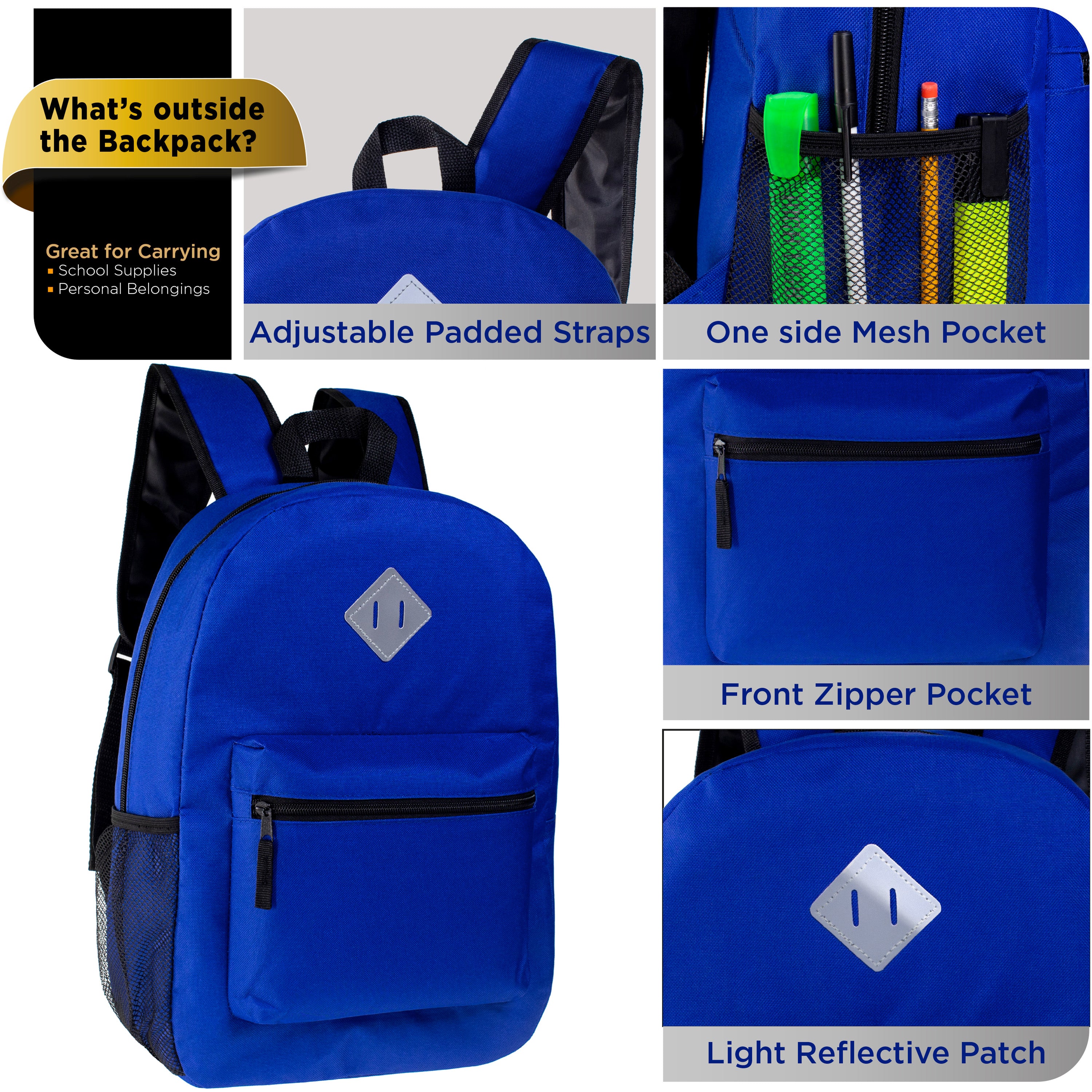 17" Wholesale Diamond Patch Backpack in 11 Colors with a Padded Back - Bulk Case of 24 Bookbags