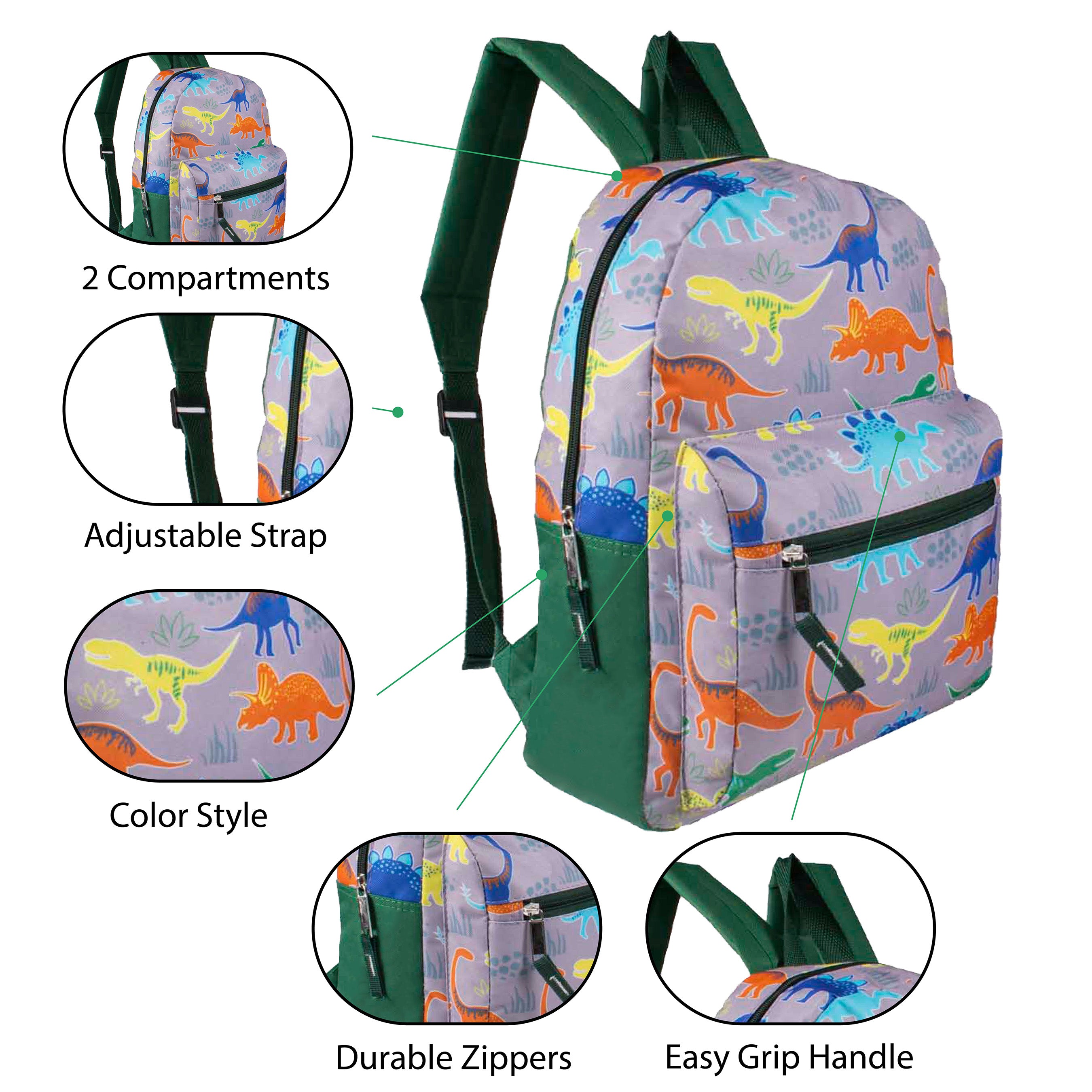 12 Wholesale 15" Printed Kids Backpacks & 12 Bulk School Supply Kits of Your Choice