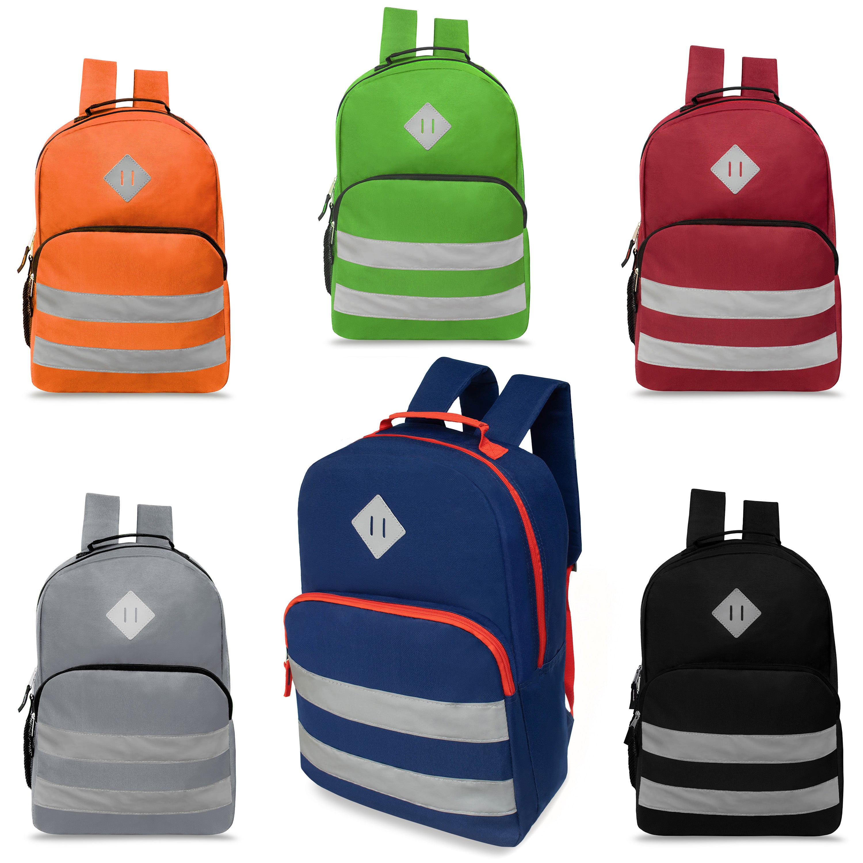 12 Wholesale 17" Reflective backpacks in Assorted Colors & 12 Bulk School Supply Kits of Your Choice