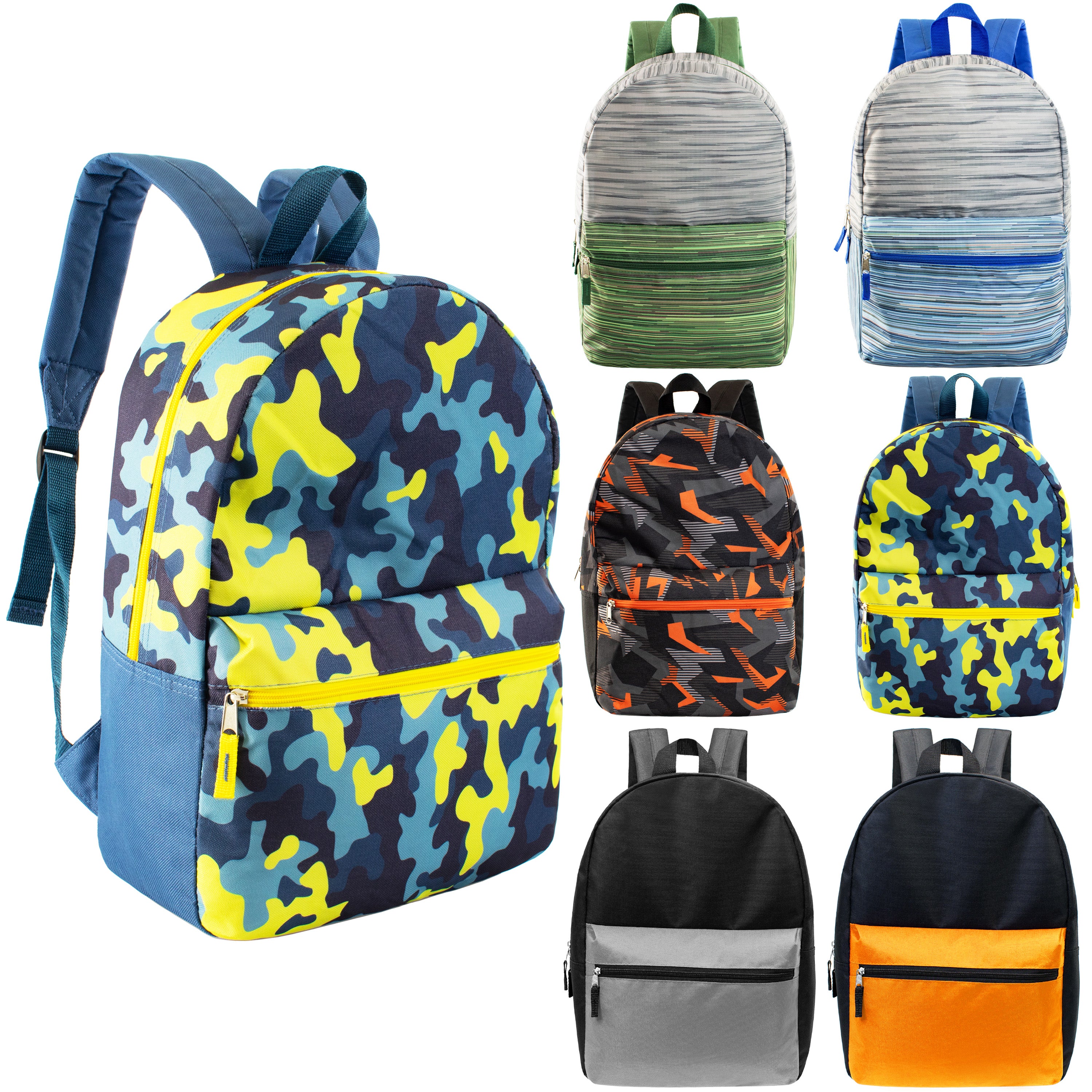 12 Wholesale 17" Backpacks in Assorted Designs & 12 Bulk School Supply Kits of Your Choice