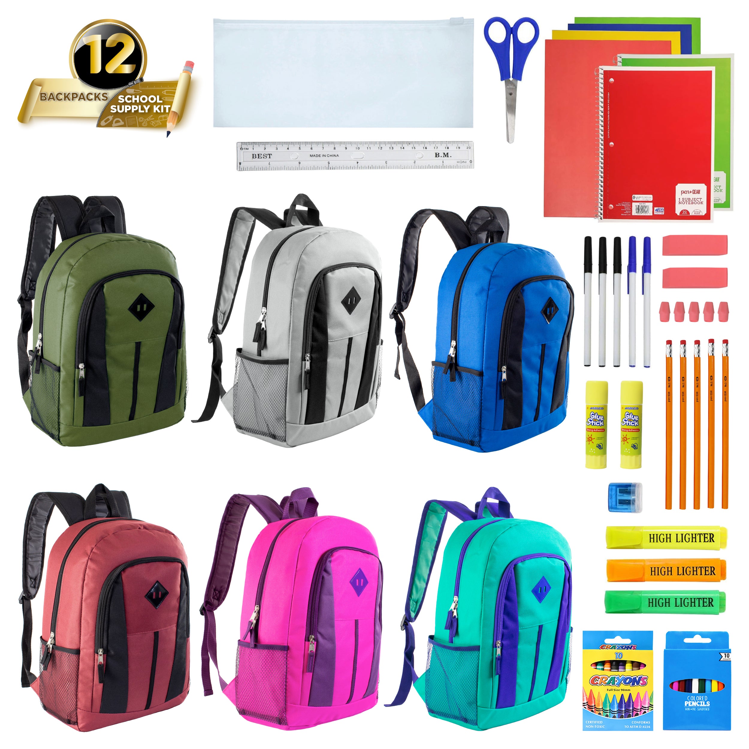 12 Wholesale 17" Diamond Patch Backpacks in 6 Colors & 12 Bulk School Supply Kits of Your Choice