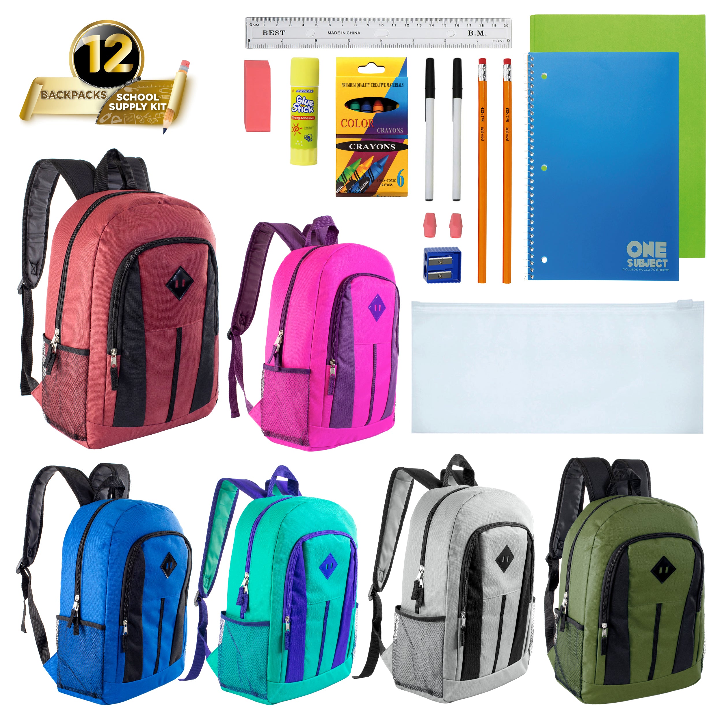12 Wholesale 17" Diamond Patch Backpacks in 6 Colors & 12 Bulk School Supply Kits of Your Choice