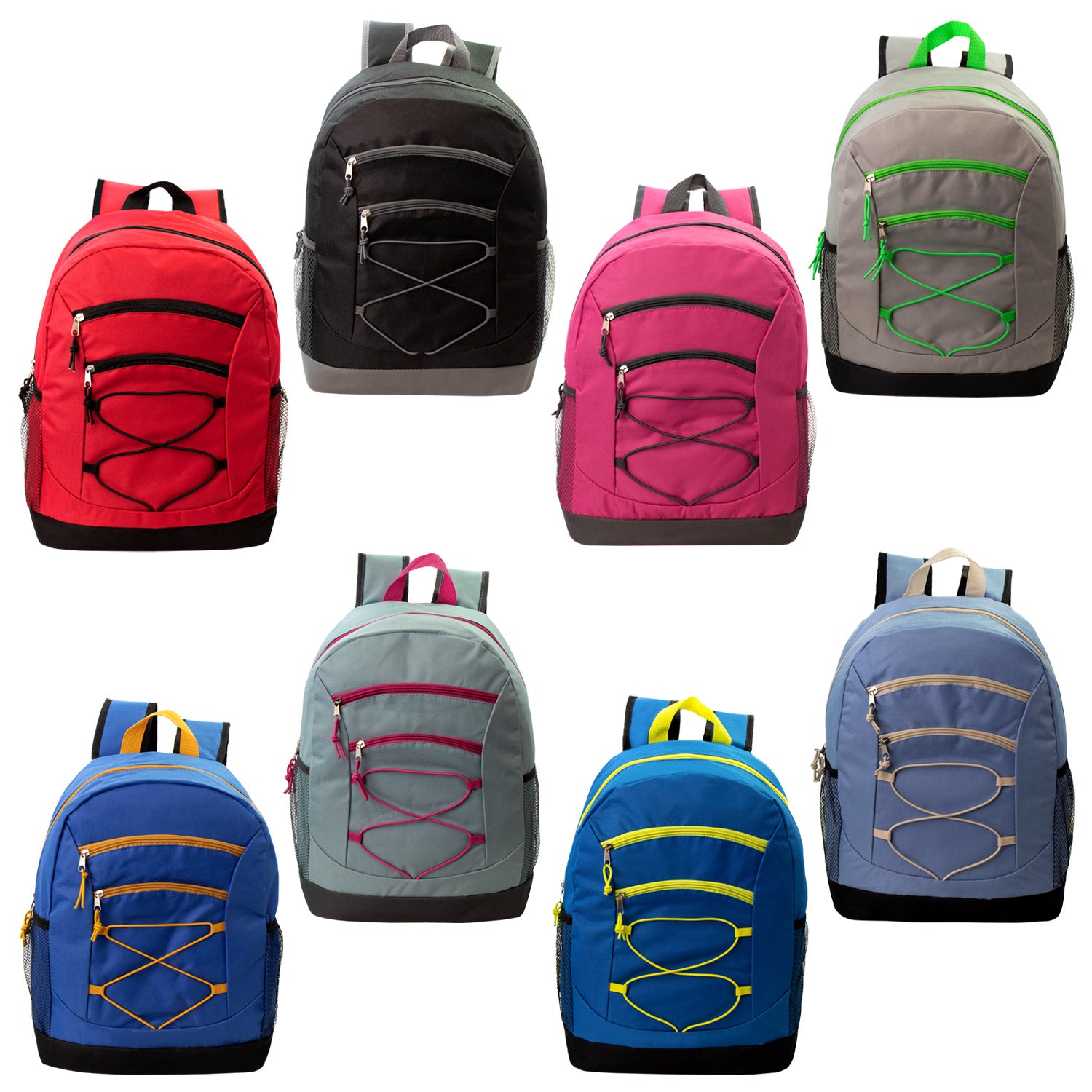 12 Bungee 17" Backpacks in 8 Colors, 12 Winter Item Sets & Your Choice of 12 Bulk Hygiene Kits - Wholesale Homeless Care Package