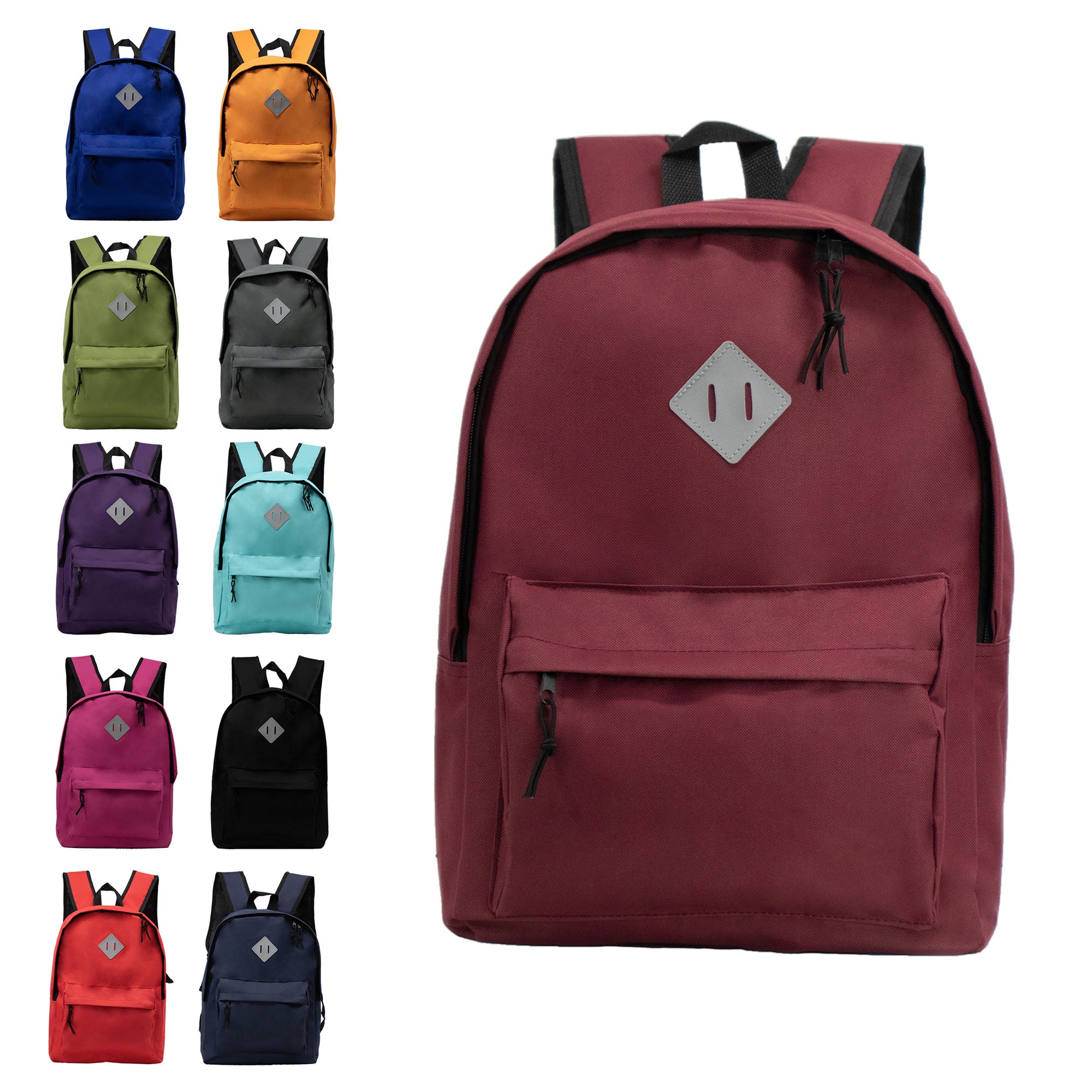 12 Wholesale 17" Backpacks with a Designer Inspired Patch & 12 Bulk School Supply Kits of Your Choice