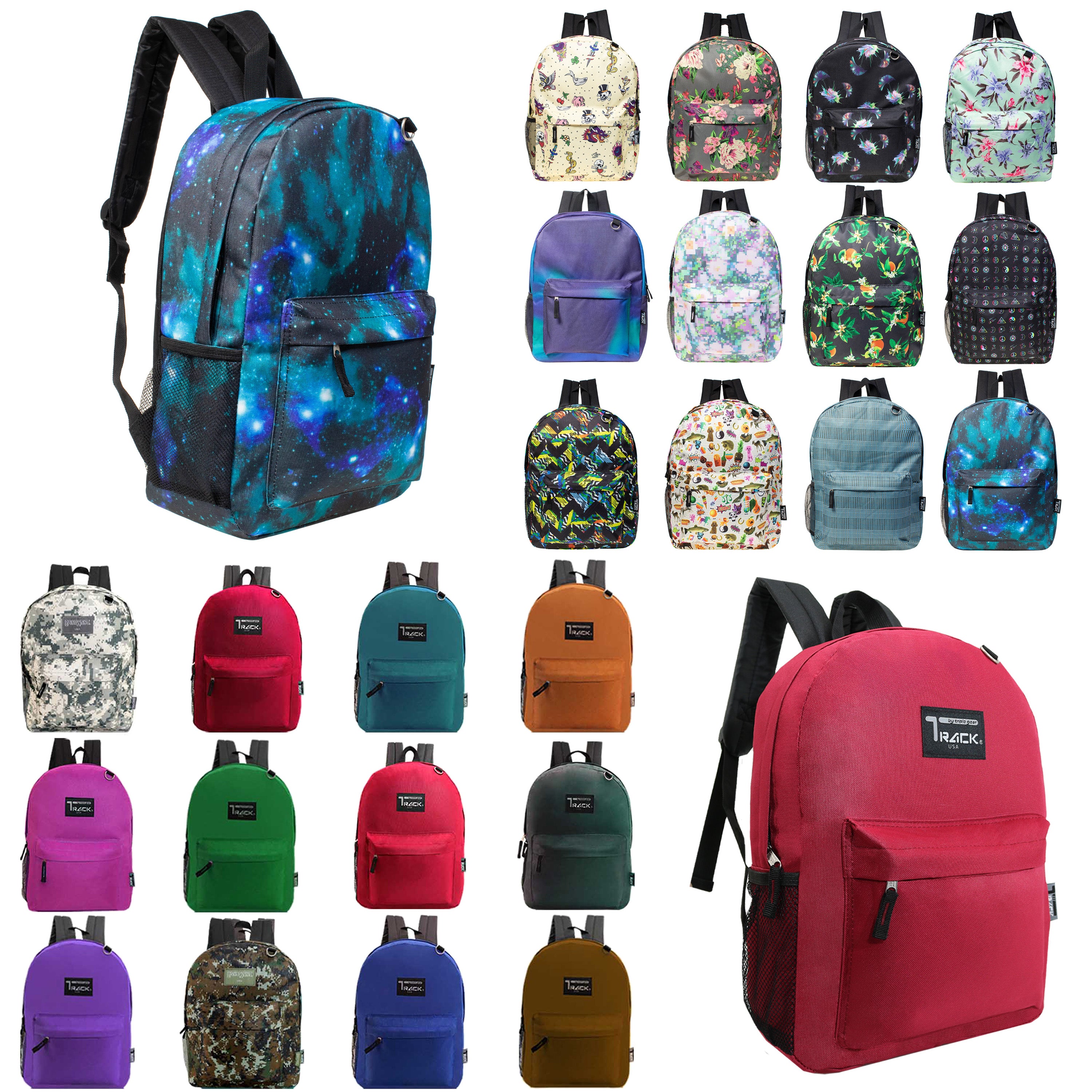 12 Track Brand 17" Wholesale Backpacks in Assorted Colors & Prints and 12 Bulk School Supply Kits of Your Choice