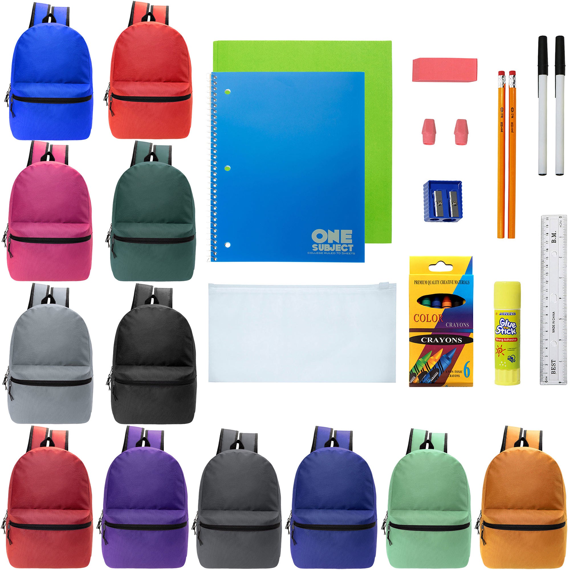 12 Wholesale Blank 18.5" Backpacks in 12 Assorted Colors and 12 Bulk School Supply Kits of Your Choice