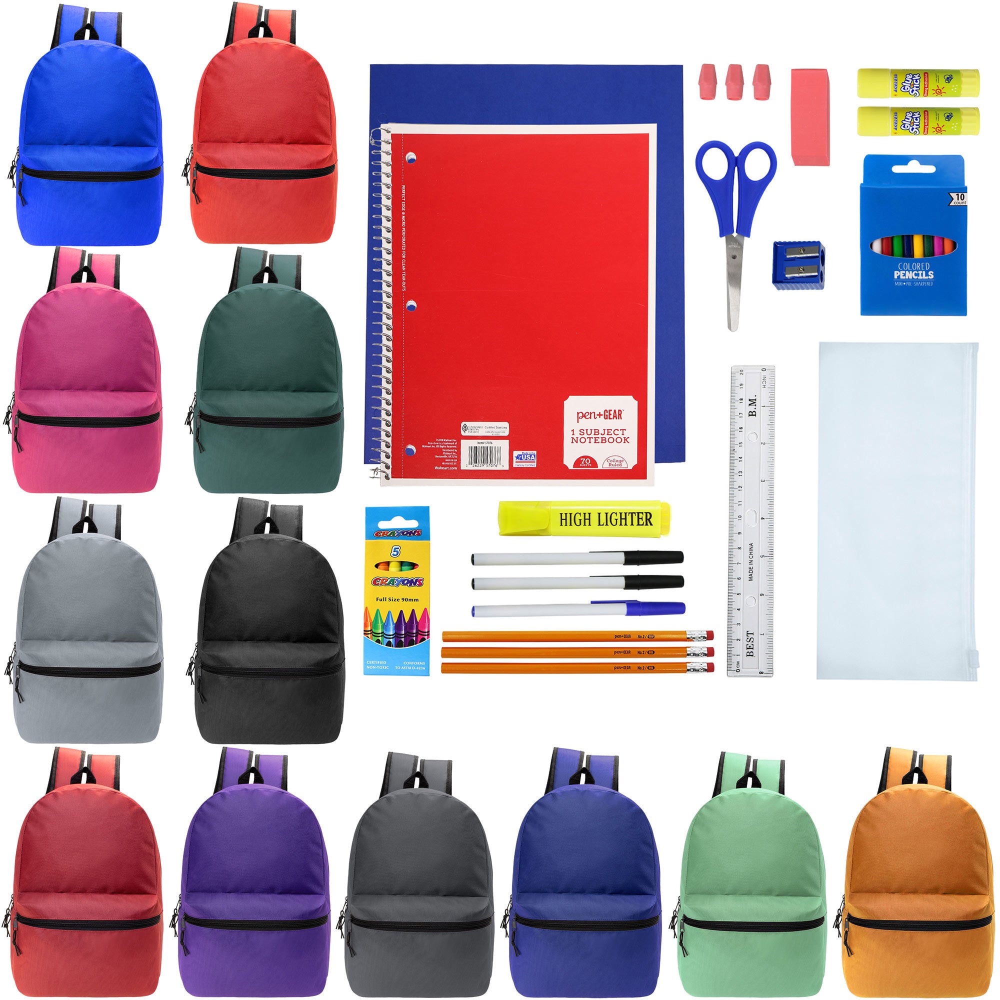 12 Wholesale Blank 18.5" Backpacks in 12 Assorted Colors and 12 Bulk School Supply Kits of Your Choice