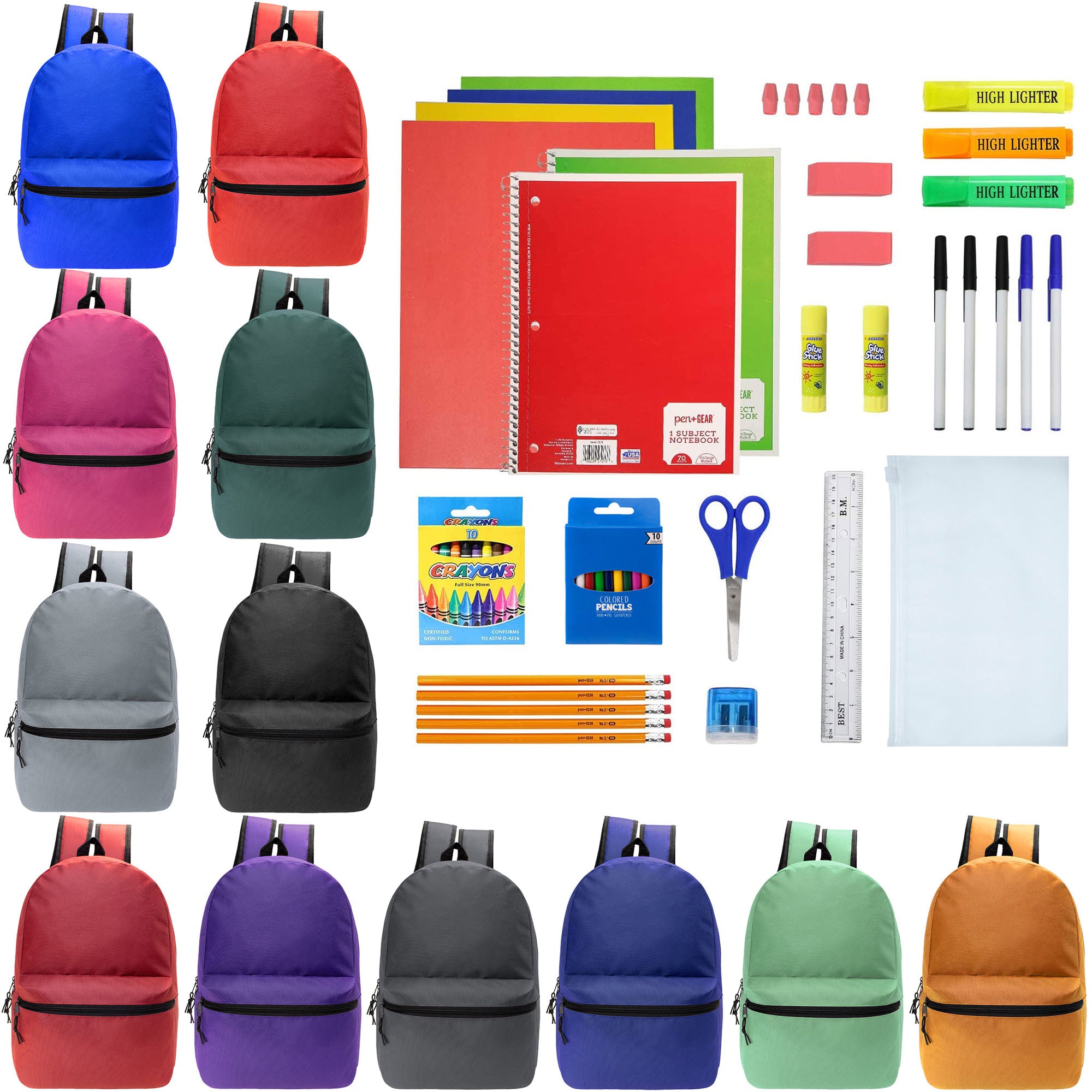 12 Wholesale Blank 18.5" Backpacks in 12 Assorted Colors and 12 Bulk School Supply Kits of Your Choice