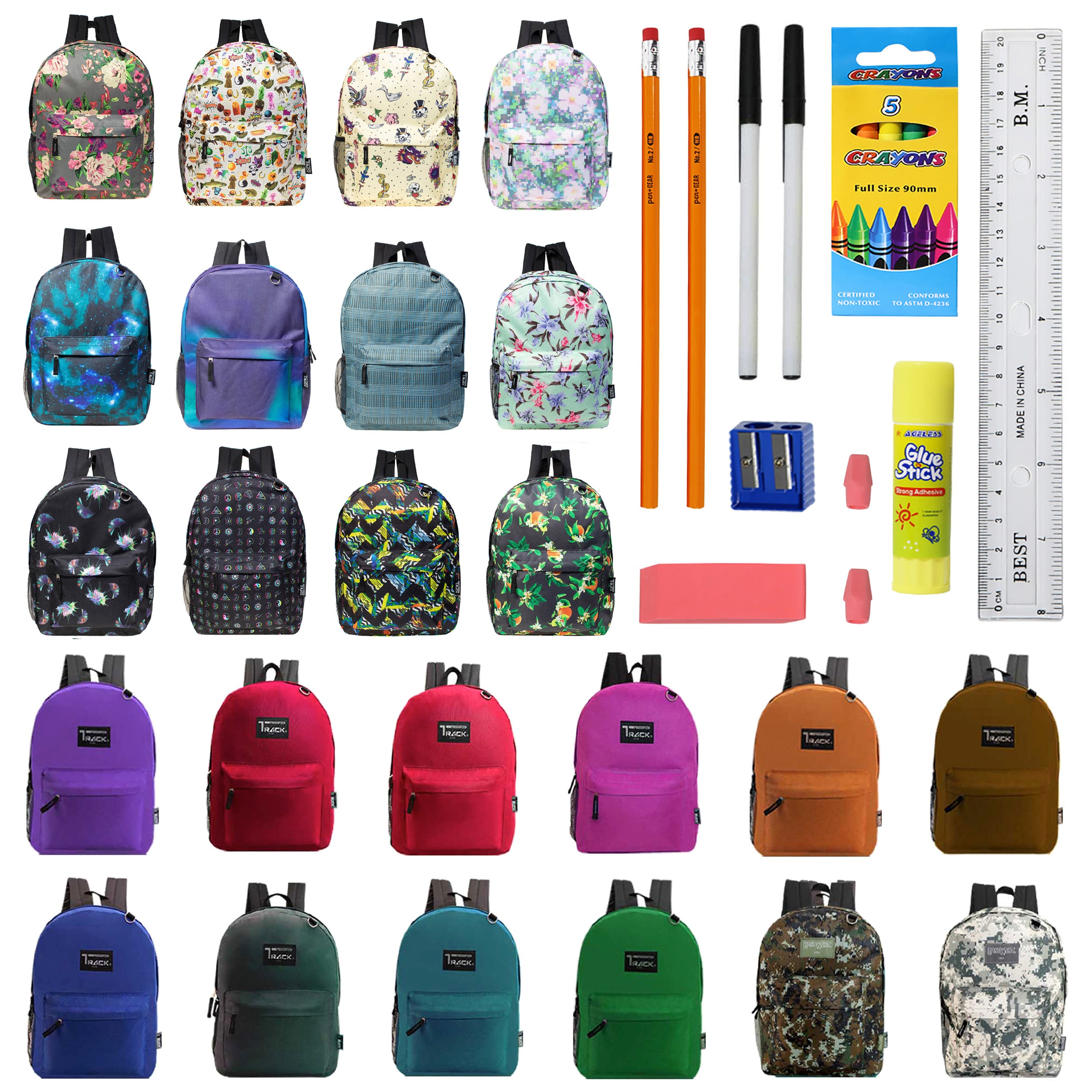 12 Track Brand 17" Wholesale Backpacks in Assorted Colors & Prints and 12 Bulk School Supply Kits of Your Choice