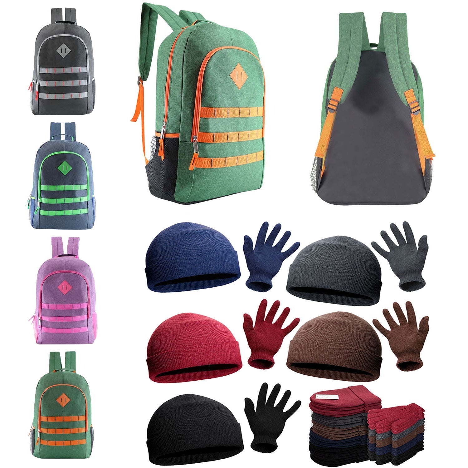 12 Premium 19" Backpacks & Your Choice of 12 Bulk Winter Item Sets - Wholesale Care Package: Homeless, Emergency, Charity