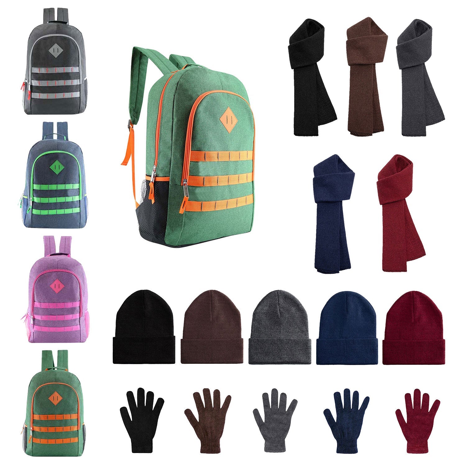 12 Premium 19" Backpacks & Your Choice of 12 Bulk Winter Item Sets - Wholesale Care Package: Homeless, Emergency, Charity