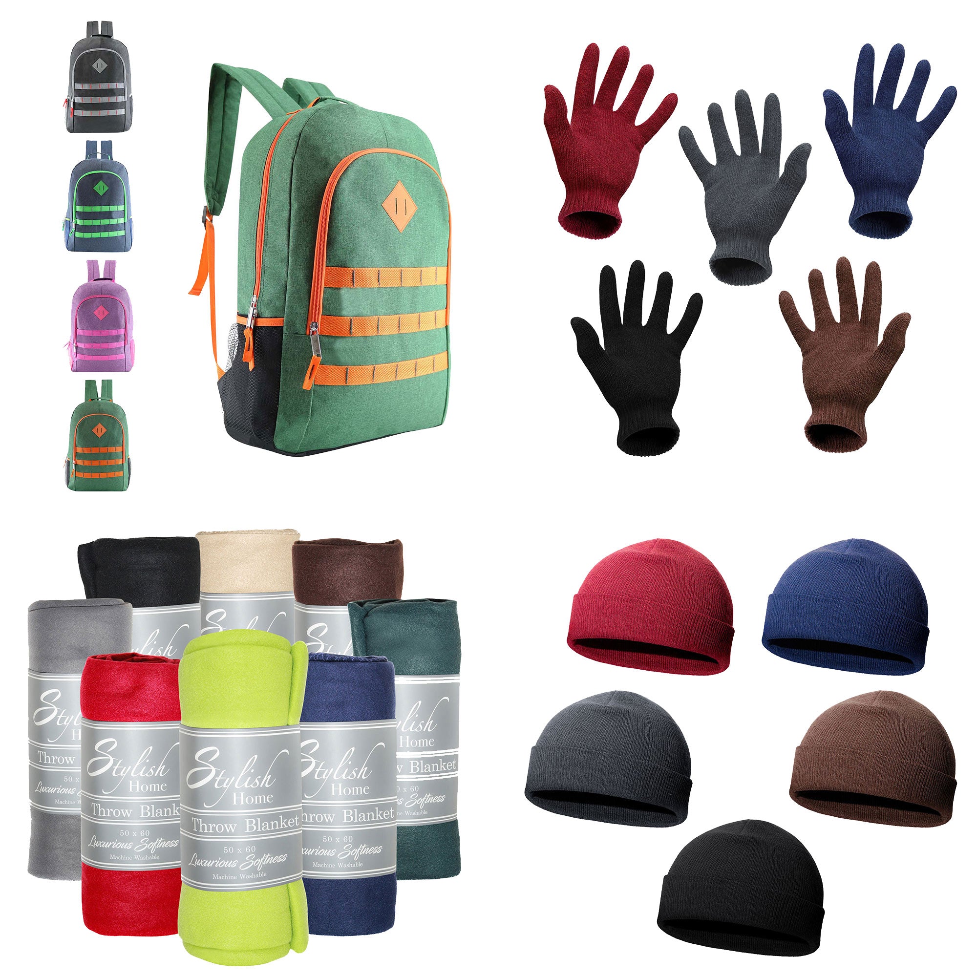 12 Premium 19" Backpacks & Your Choice of 12 Bulk Winter Item Sets - Wholesale Care Package: Homeless, Emergency, Charity