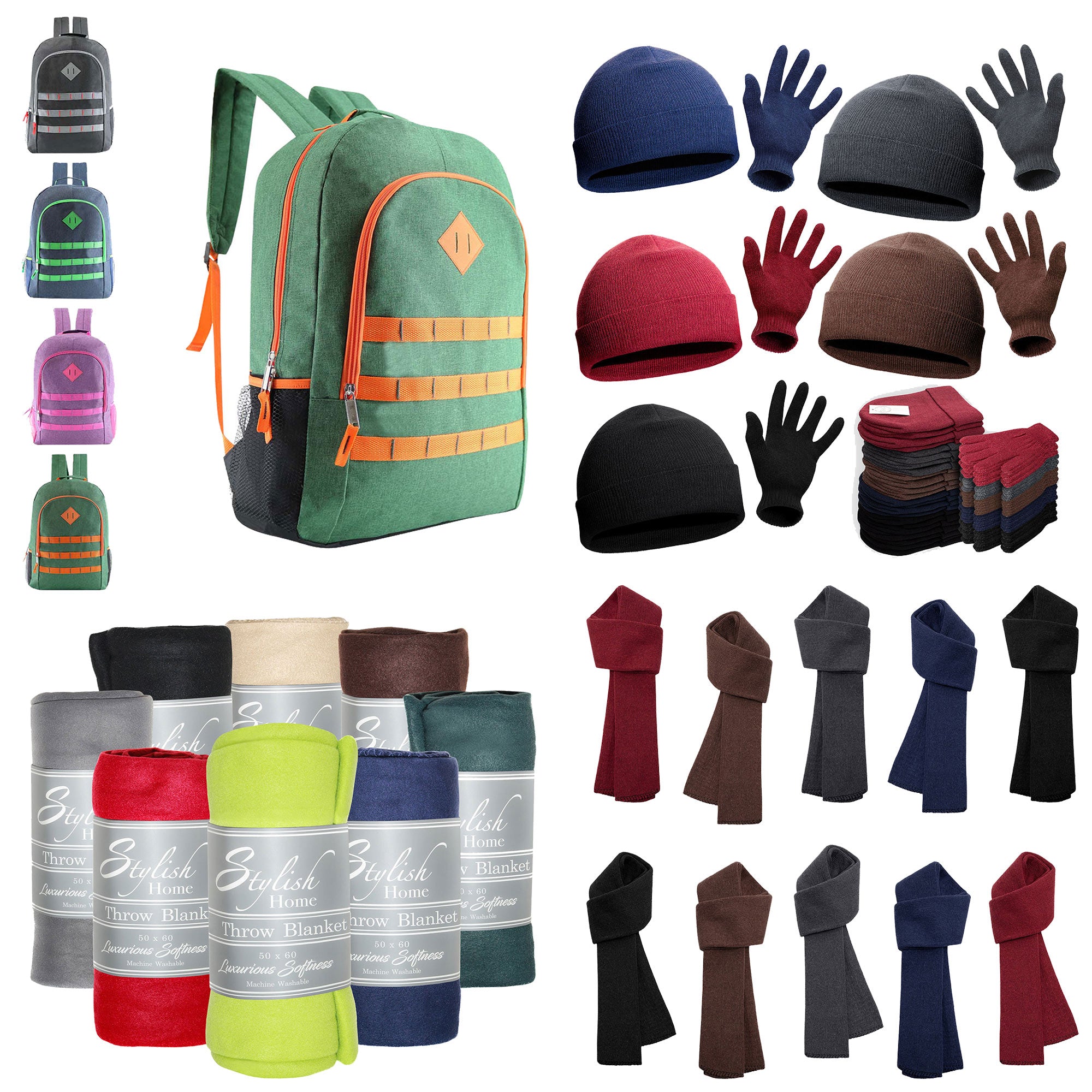 12 Premium 19" Backpacks & Your Choice of 12 Bulk Winter Item Sets - Wholesale Care Package: Homeless, Emergency, Charity