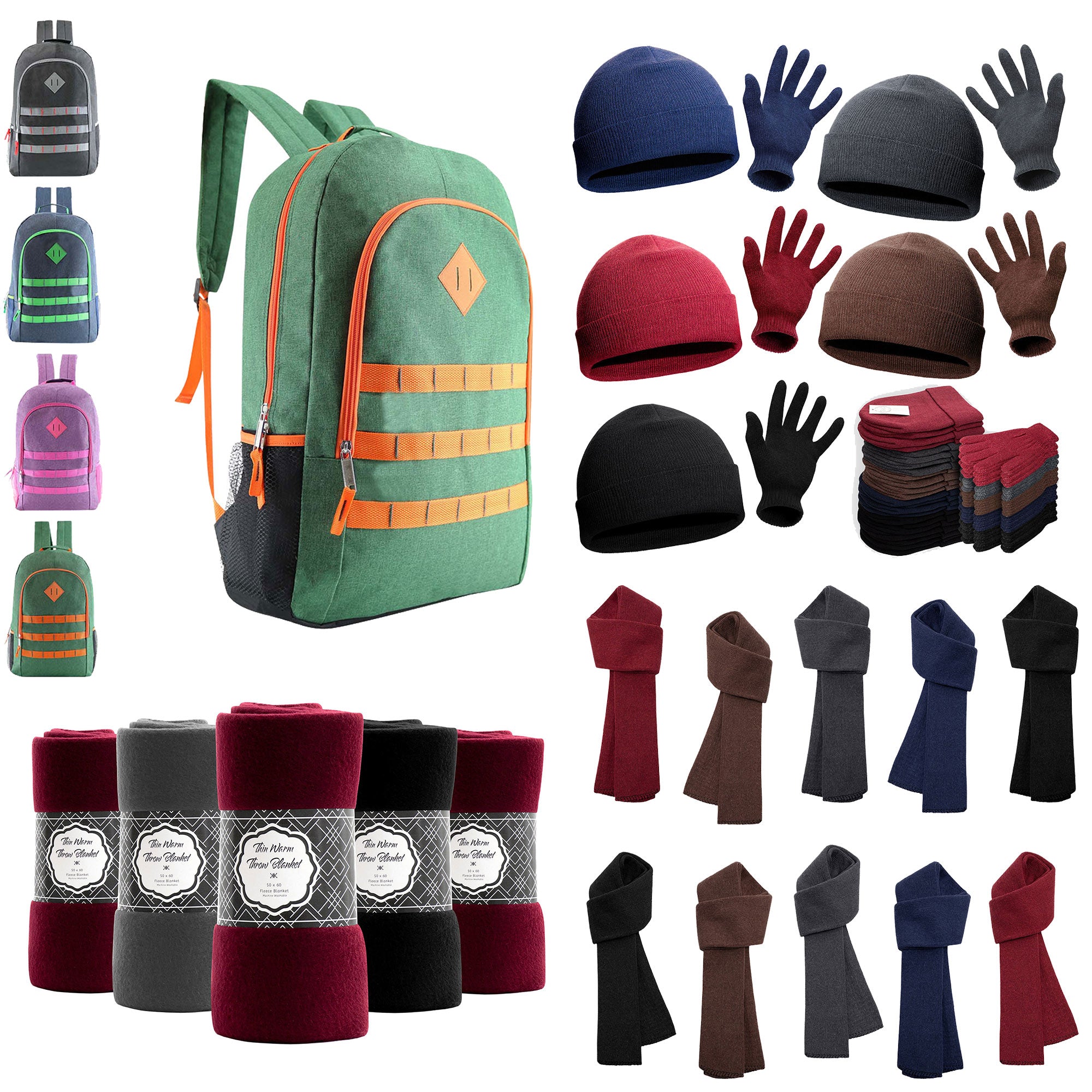 12 Premium 19" Backpacks & Your Choice of 12 Bulk Winter Item Sets - Wholesale Care Package: Homeless, Emergency, Charity