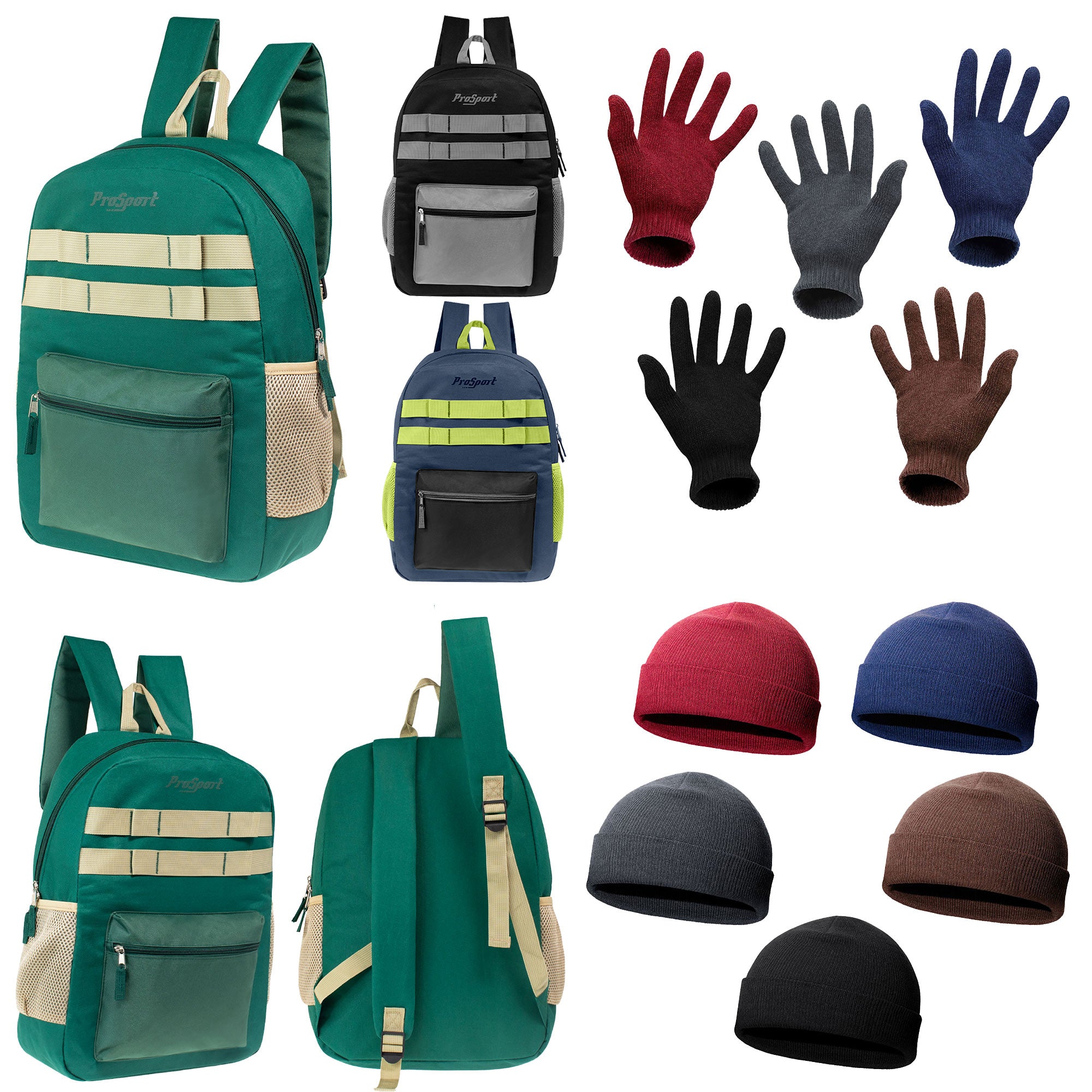 12 Multi-Color 17" Backpacks & Your Choice of 12 Winter Item Sets - Wholesale Care Package: Homeless, Emergency, Charity