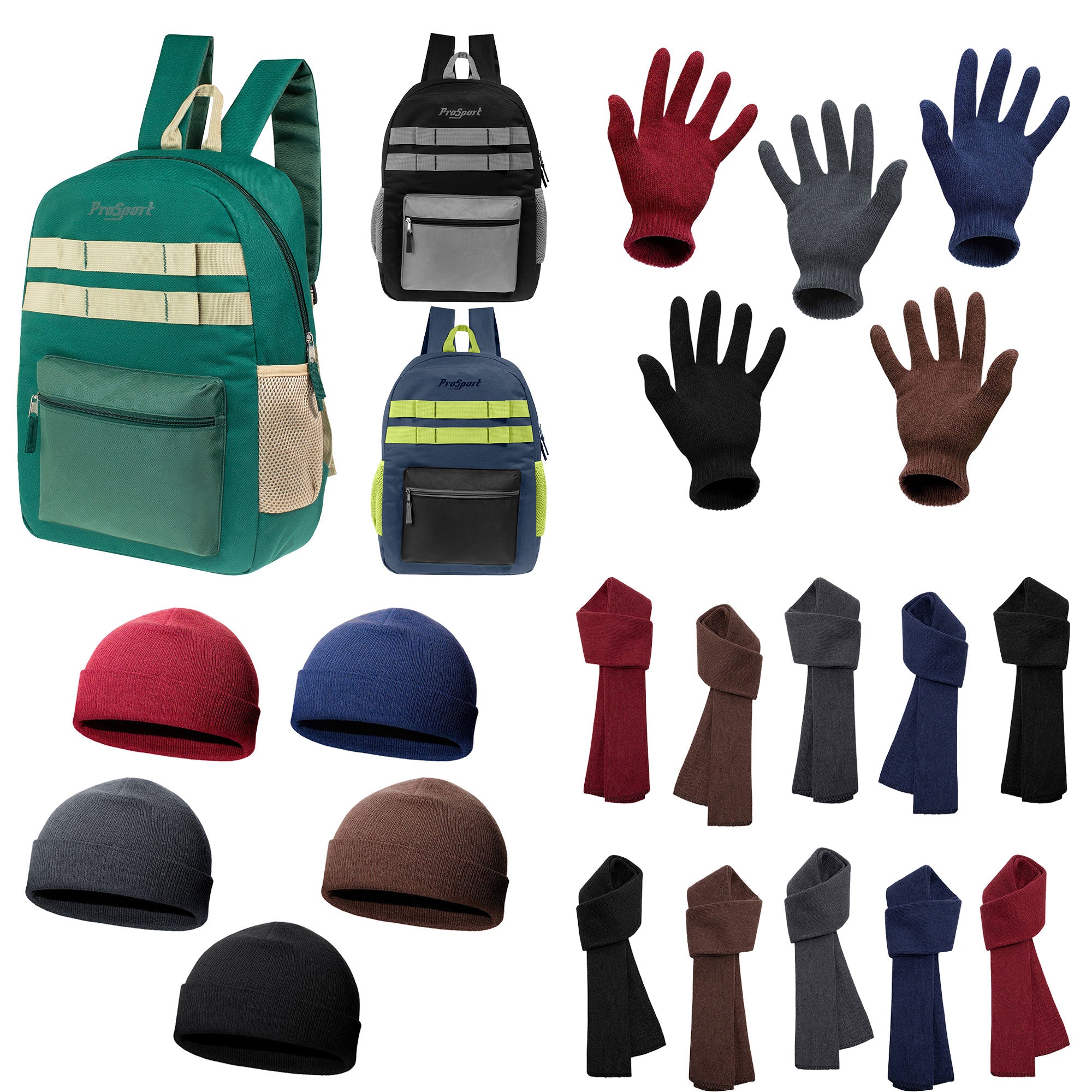 12 Multi-Color 17" Backpacks & Your Choice of 12 Winter Item Sets - Wholesale Care Package: Homeless, Emergency, Charity