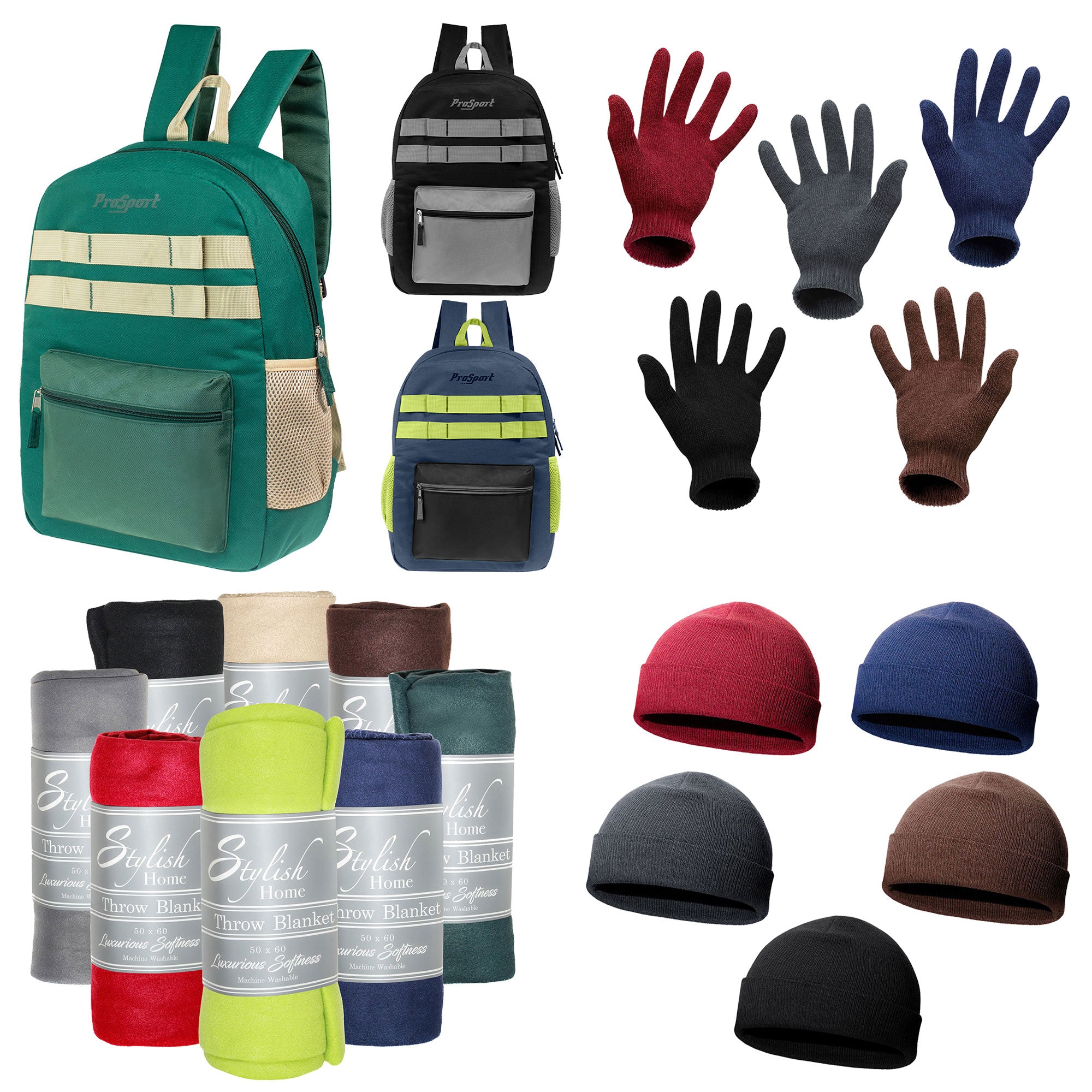 12 Multi-Color 17" Backpacks & Your Choice of 12 Winter Item Sets - Wholesale Care Package: Homeless, Emergency, Charity