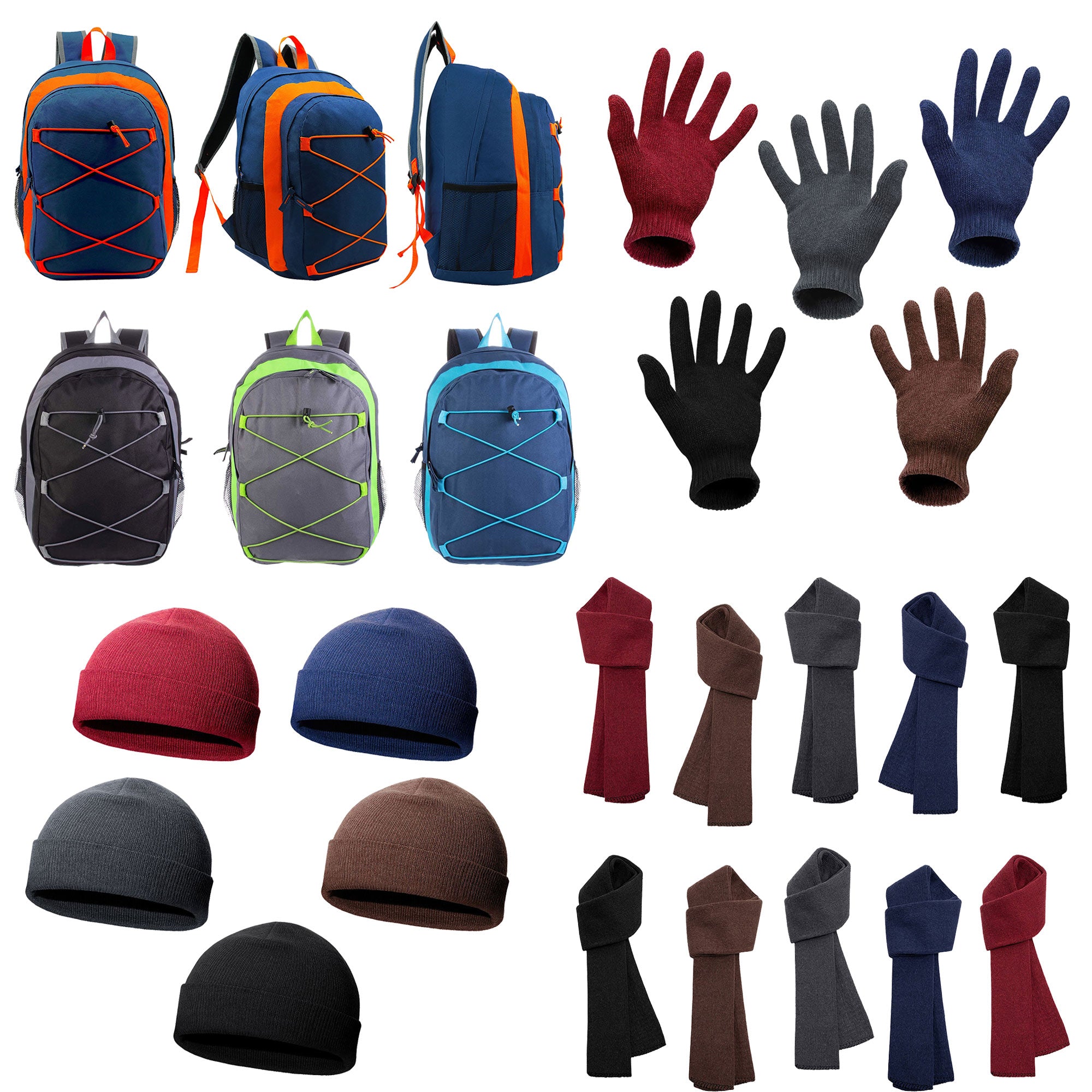 12 Bungee 17" Premium Backpacks & Your Choice of 12 Winter Item Sets - Wholesale Care Package: Homeless, Emergency, Charity