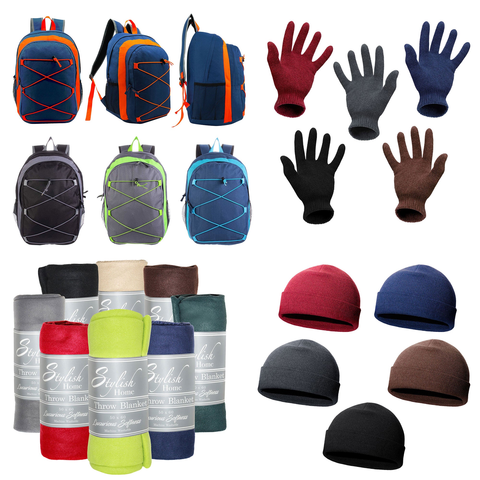 12 Bungee 17" Premium Backpacks & Your Choice of 12 Winter Item Sets - Wholesale Care Package: Homeless, Emergency, Charity