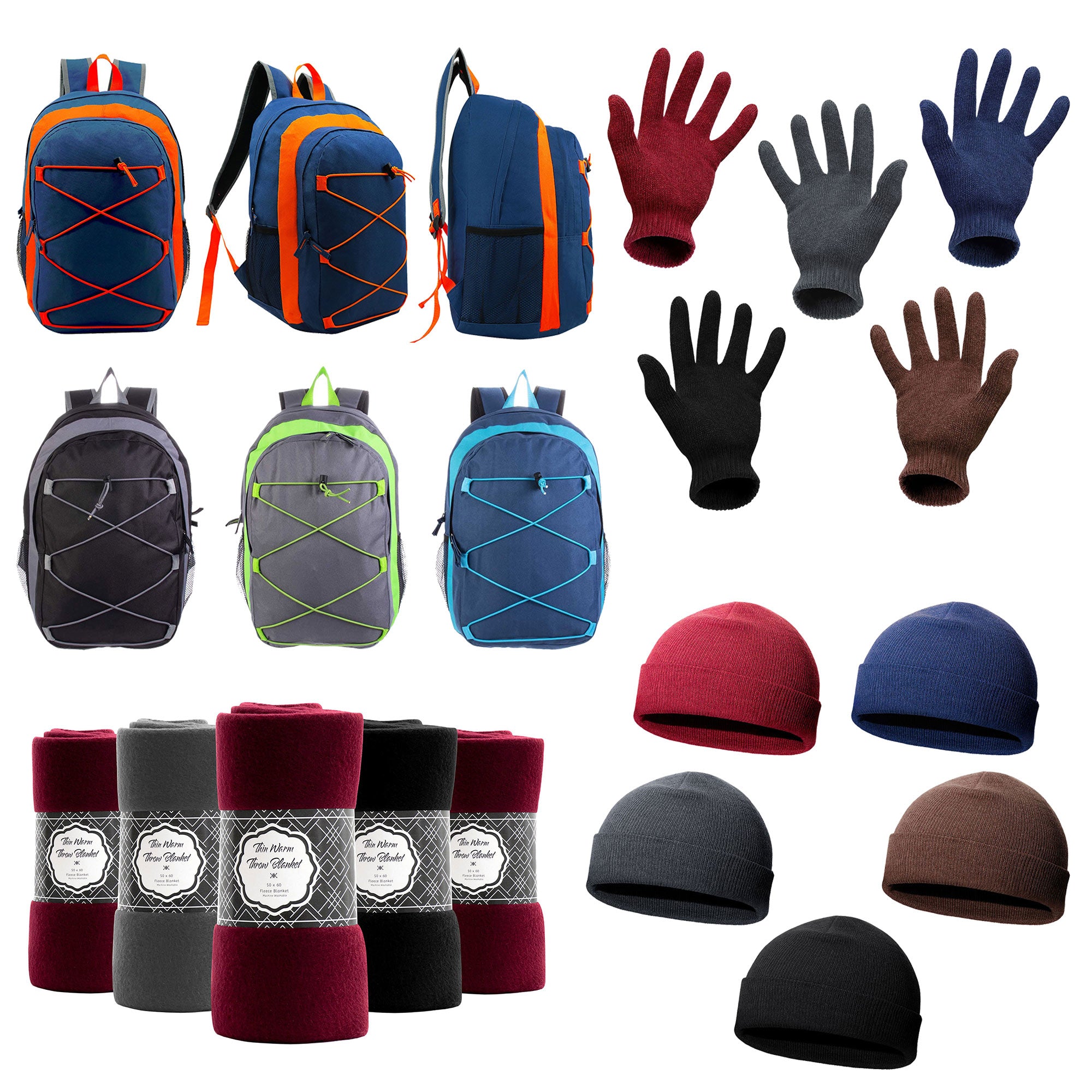 12 Bungee 17" Premium Backpacks & Your Choice of 12 Winter Item Sets - Wholesale Care Package: Homeless, Emergency, Charity