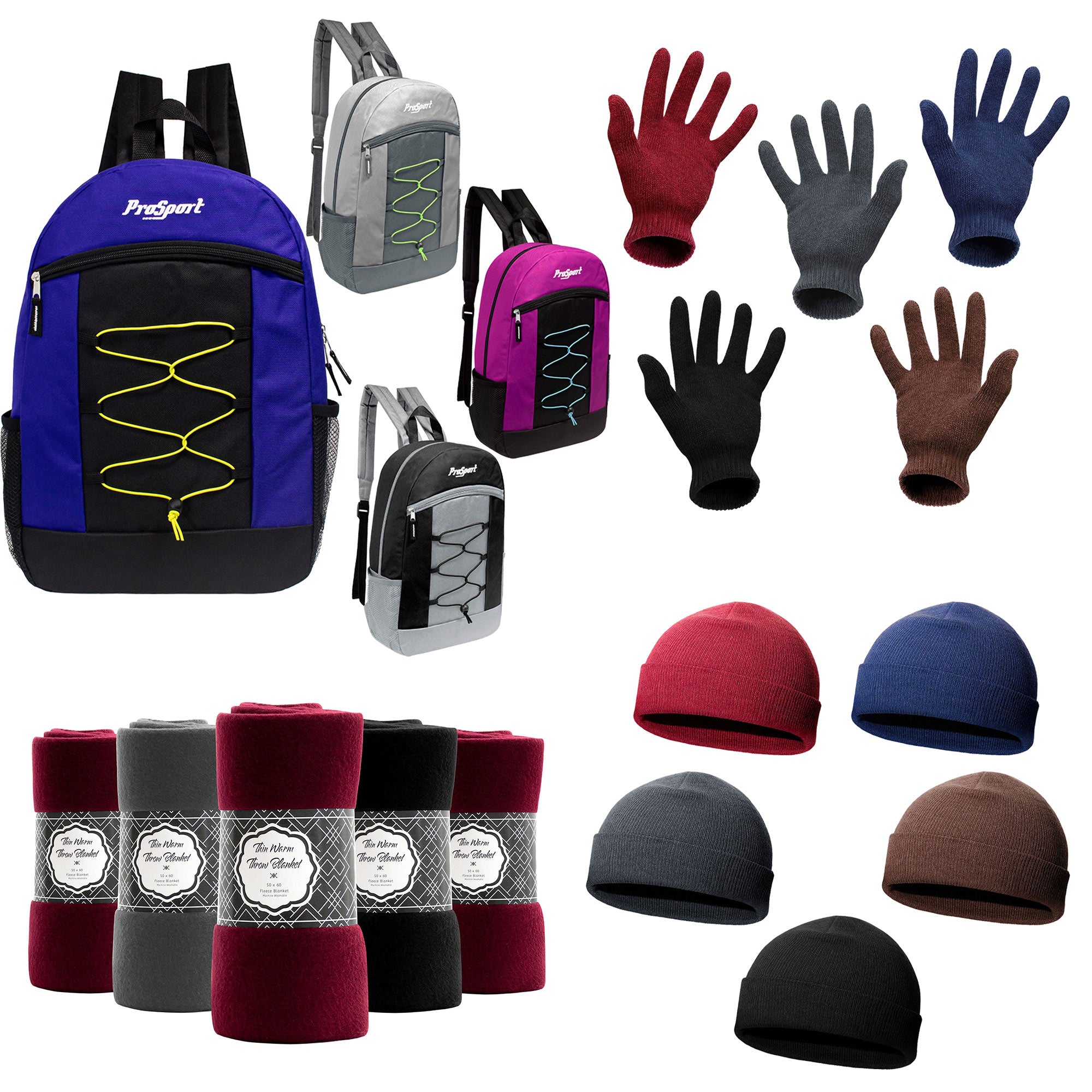 12 Bungee 17" Multi-Color Backpacks & Your Choice of 12 Winter Item Sets - Wholesale Care Package: Homeless, Emergency, Charity