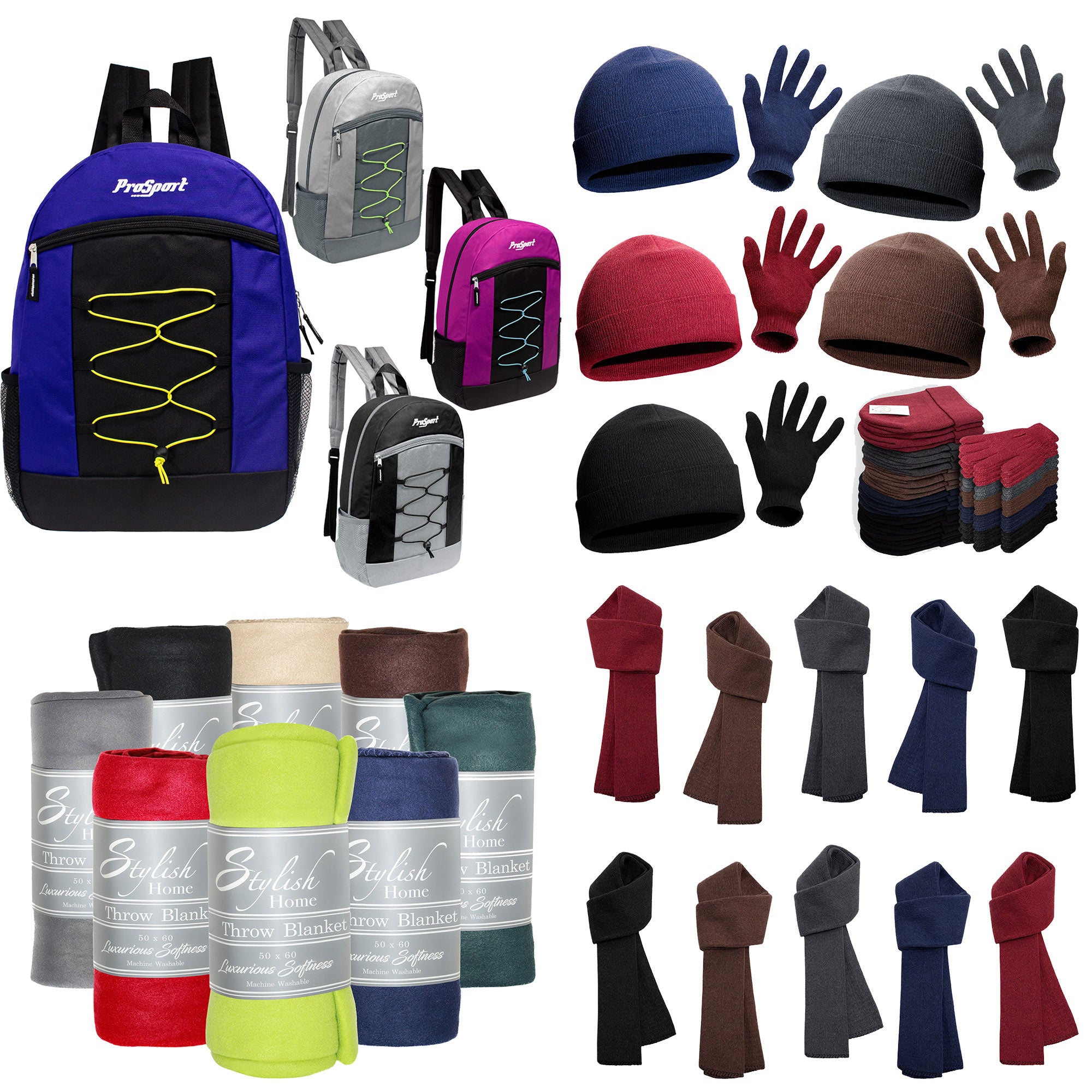 12 Bungee 17" Multi-Color Backpacks & Your Choice of 12 Winter Item Sets - Wholesale Care Package: Homeless, Emergency, Charity