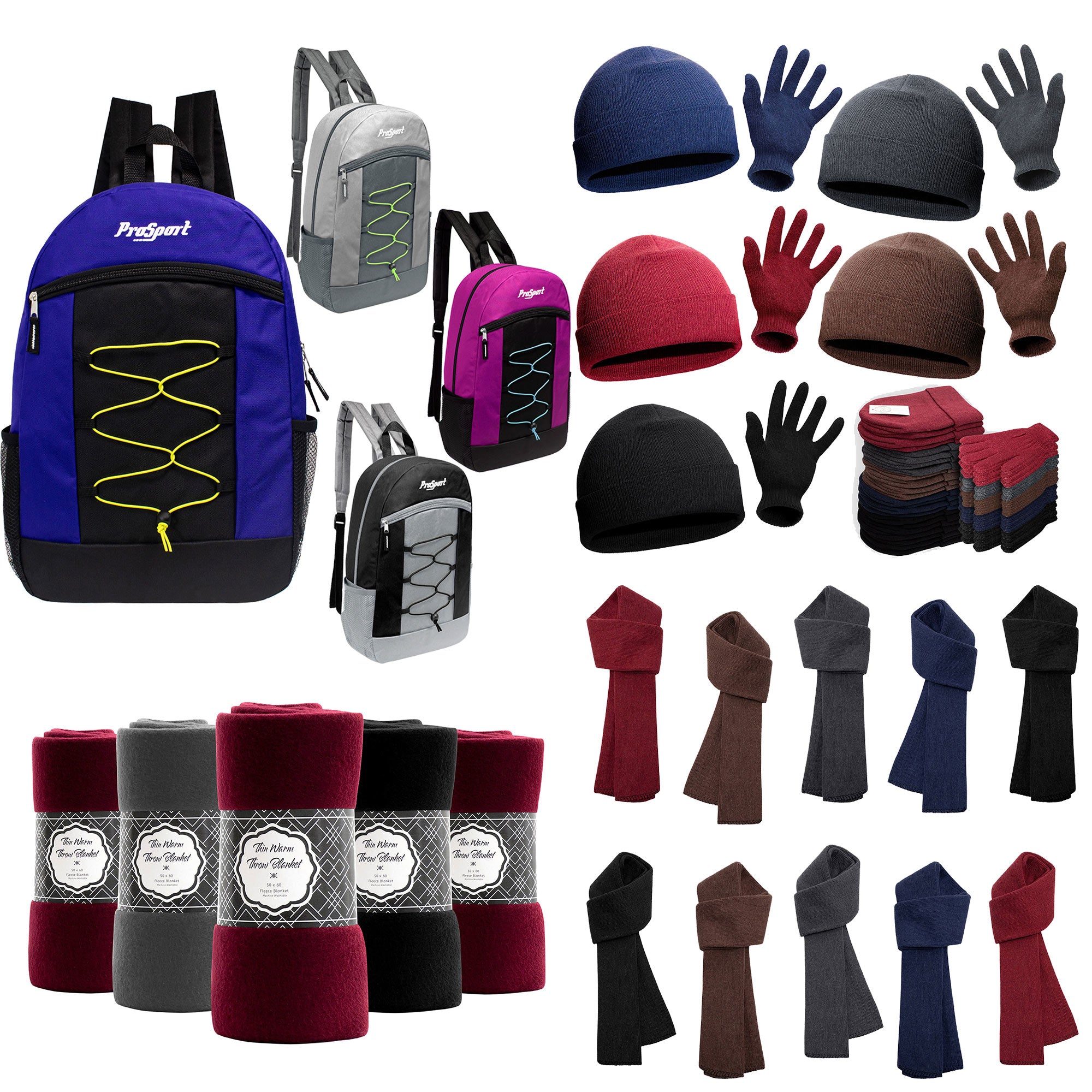 12 Bungee 17" Multi-Color Backpacks & Your Choice of 12 Winter Item Sets - Wholesale Care Package: Homeless, Emergency, Charity